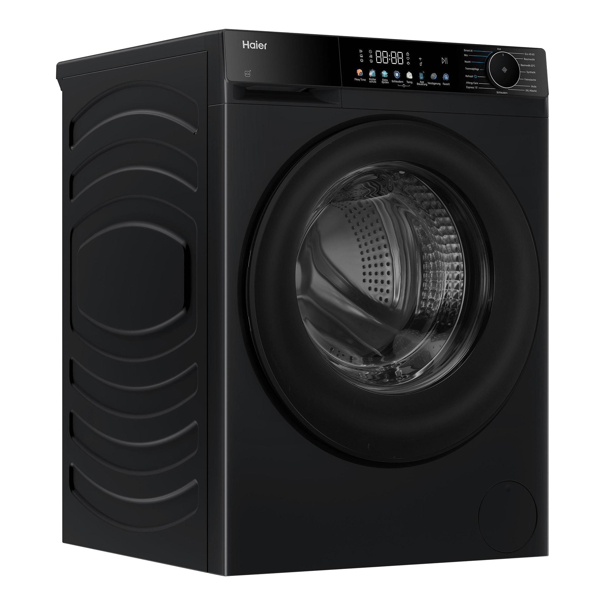 Schwarze Haier Waschmaschine mit digitalem Bedienfeld und runder Tür.