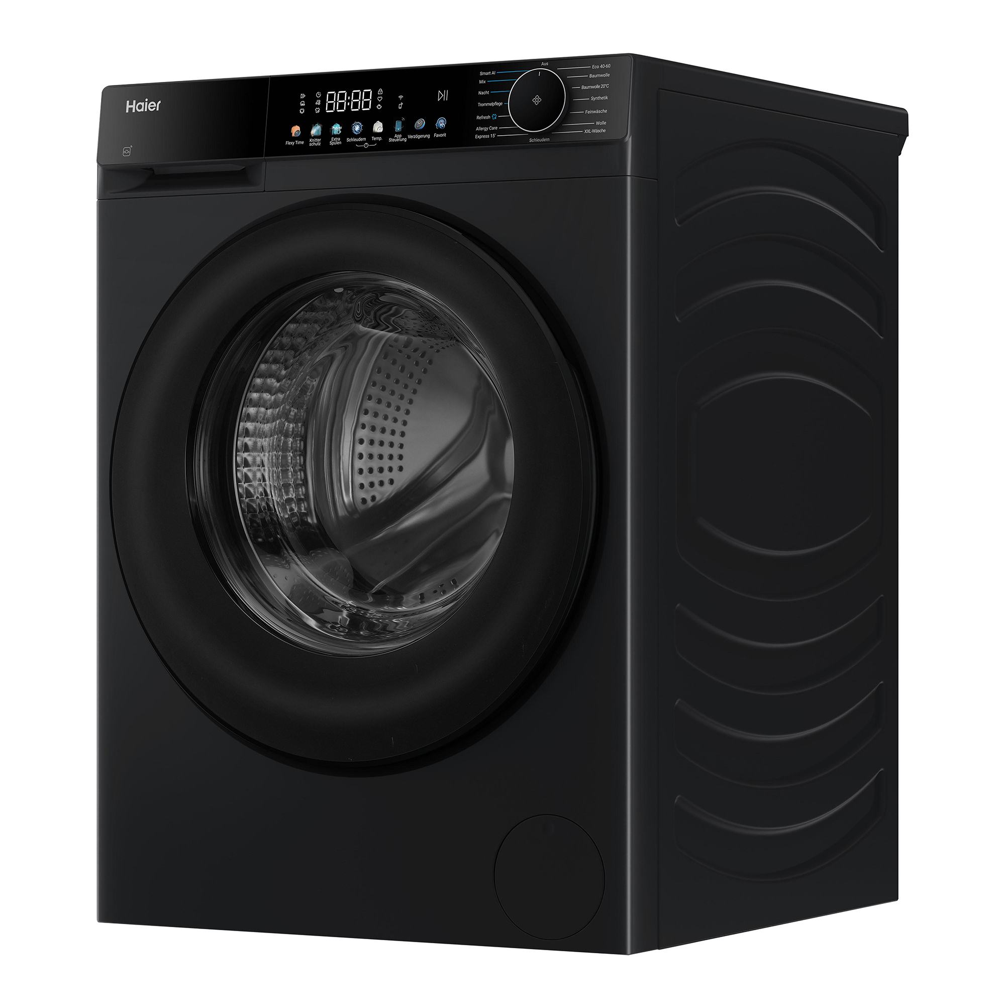 Eine schwarze Haier Waschmaschine mit digitalem Display und Programmauswahl.