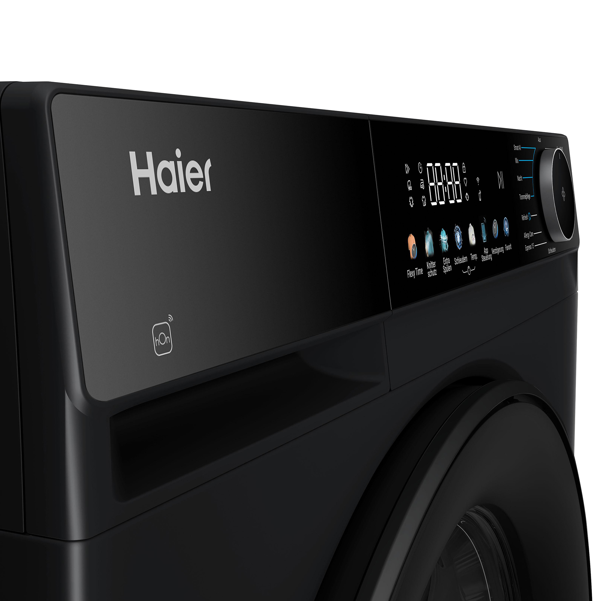 Schwarze Haier Waschmaschine mit digitalem Display und Bedienelementen.