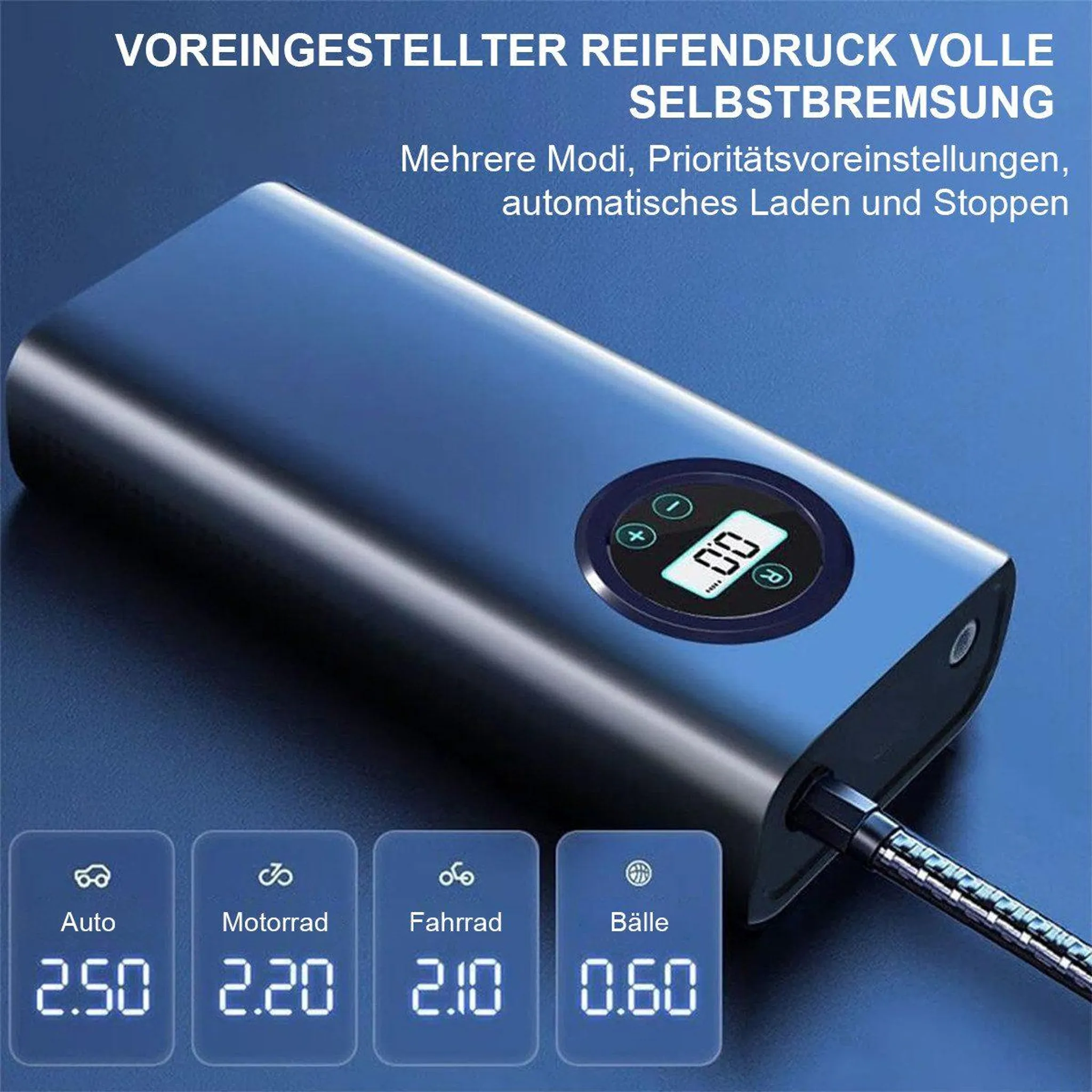 Ein tragbarer Reifenfüller mit digitaler Anzeige und voreingestellten Druckwerten für Autos, Motorräder, Fahrräder und Bälle.