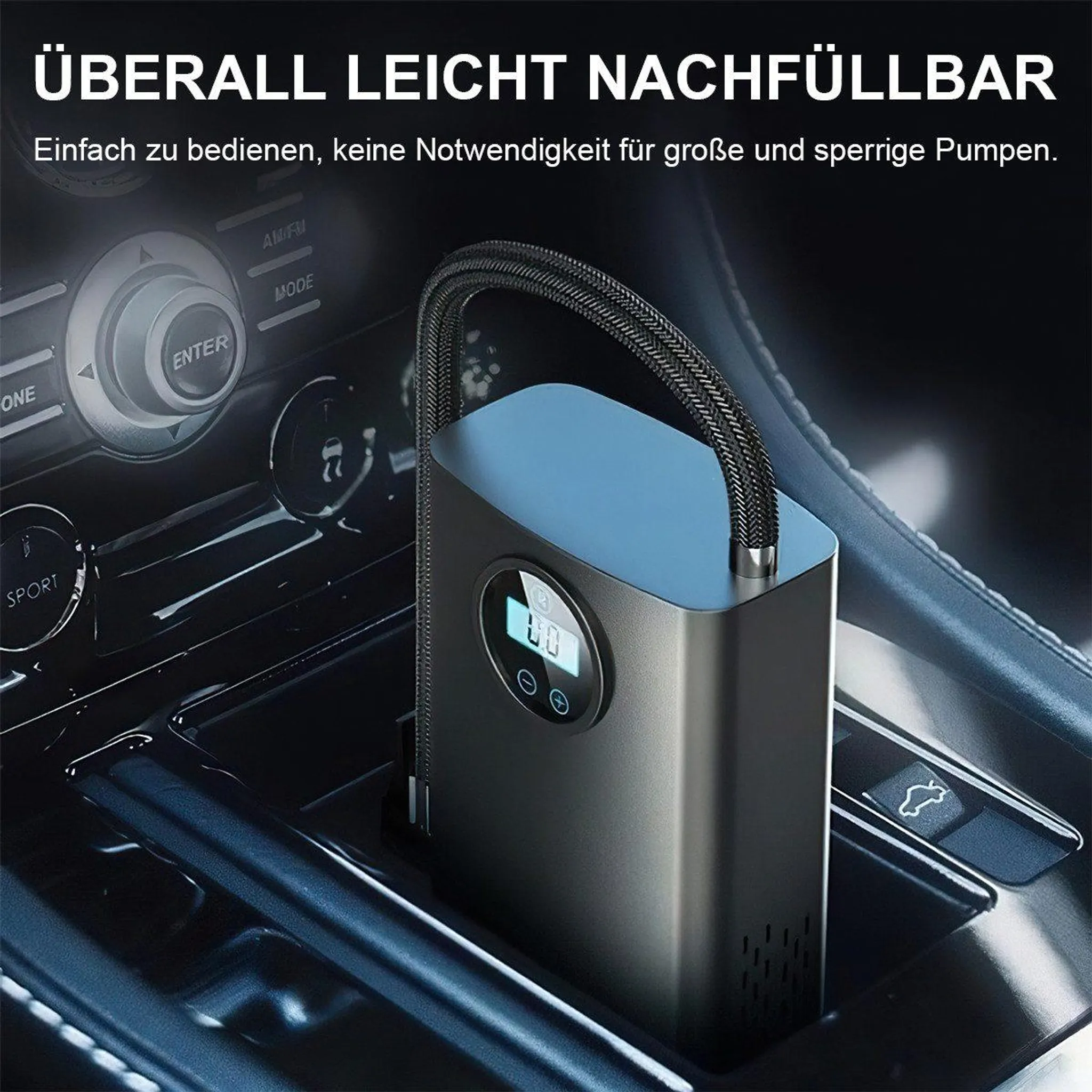 Schwarzer tragbarer Luftkompressor im Auto, mit digitalen Anzeigen und Bedienelementen.