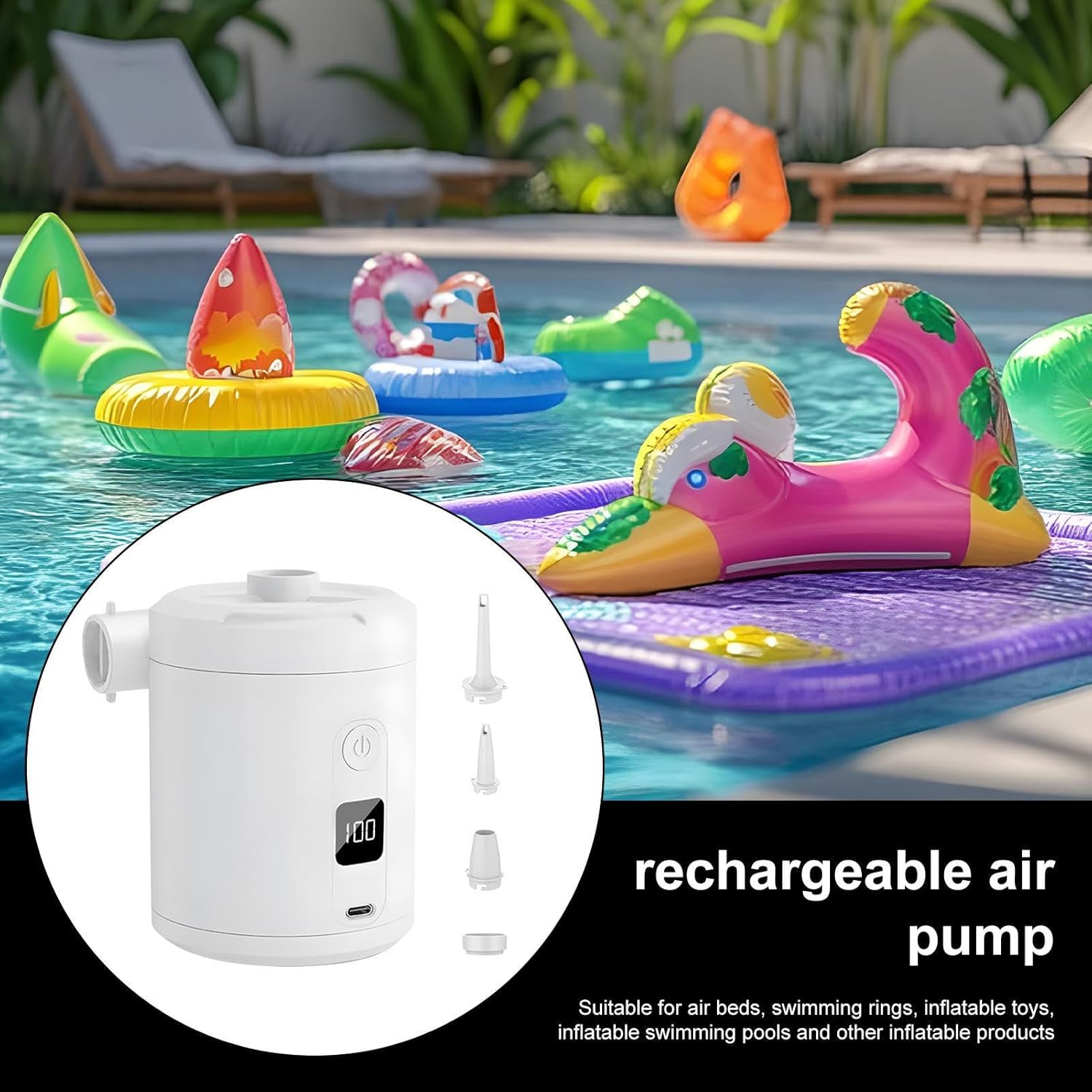 Weiße Luftpumpe mit Zubehör neben aufblasbarem Spielzeug im Pool.