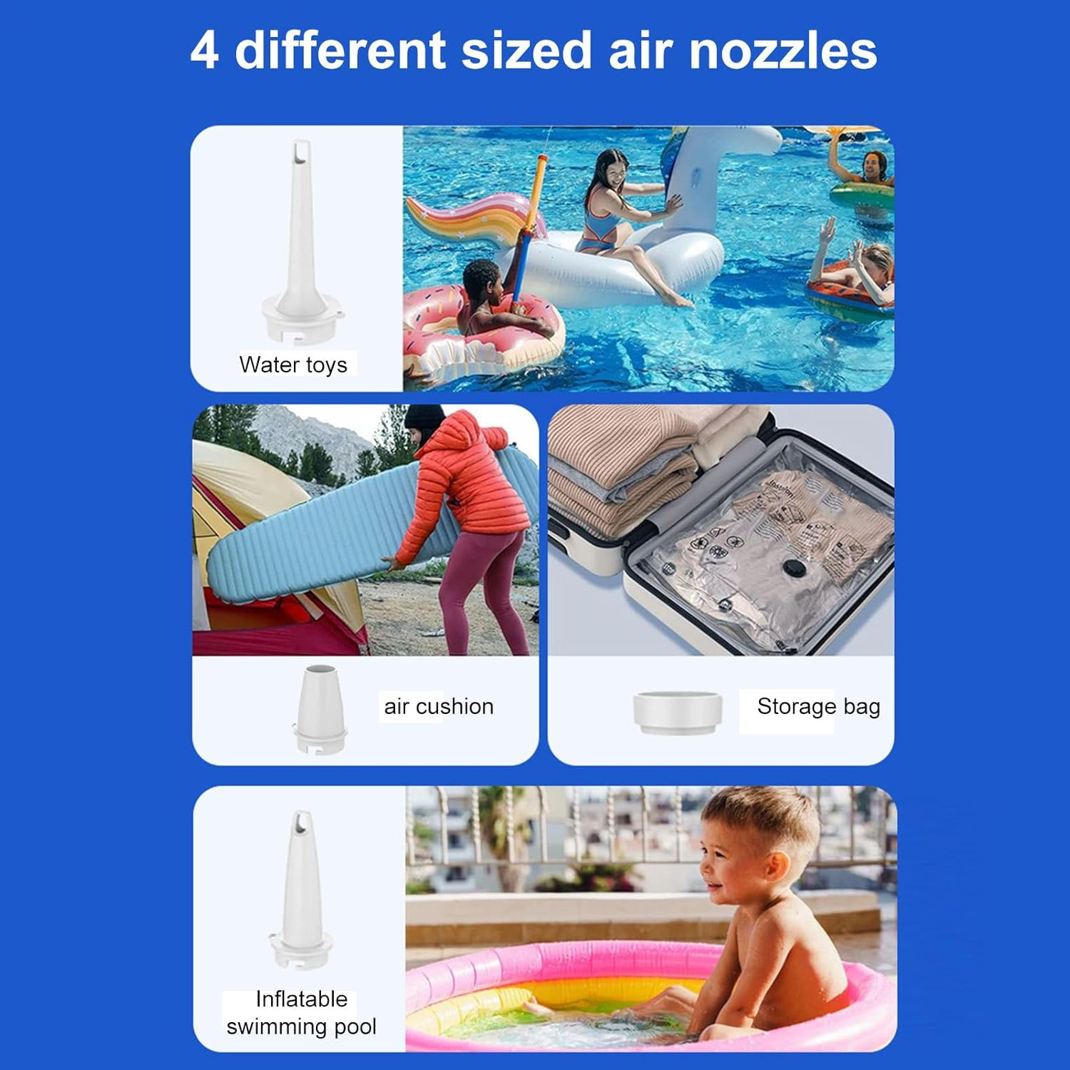 Vier verschiedene Luftdüsen für Wasserspielzeug, Luftkissen, Aufbewahrungsbeutel und Planschbecken.