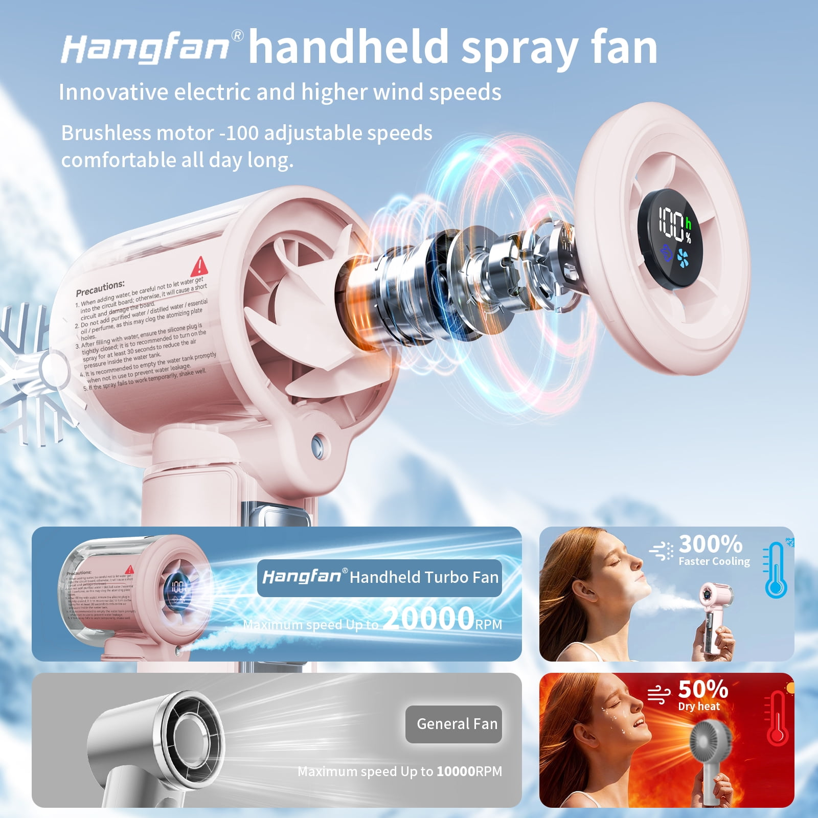 Ein rosa Handventilator mit Sprühfunktion, der Luft ausstößt.