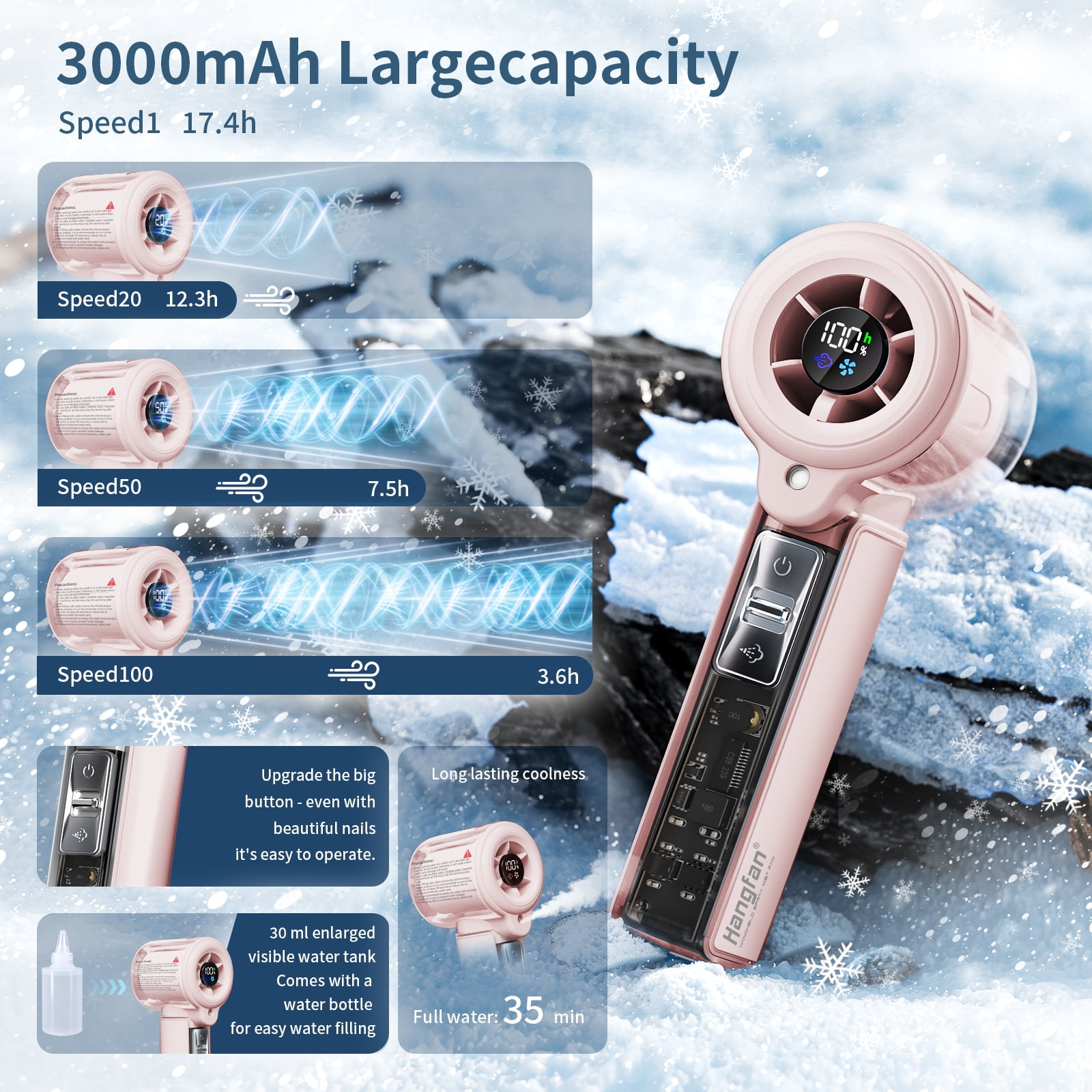 Ein rosafarbener Lüfter mit 3000mAh Kapazität steht im Schnee. Details zeigen Geschwindigkeiten und Akkulaufzeit.