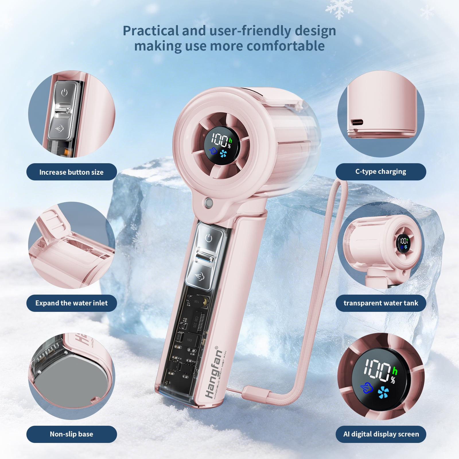 Pinker tragbarer Ventilator mit Digitalanzeige, die 100% Ladung zeigt, C-Typ-Laden und Eisthema.