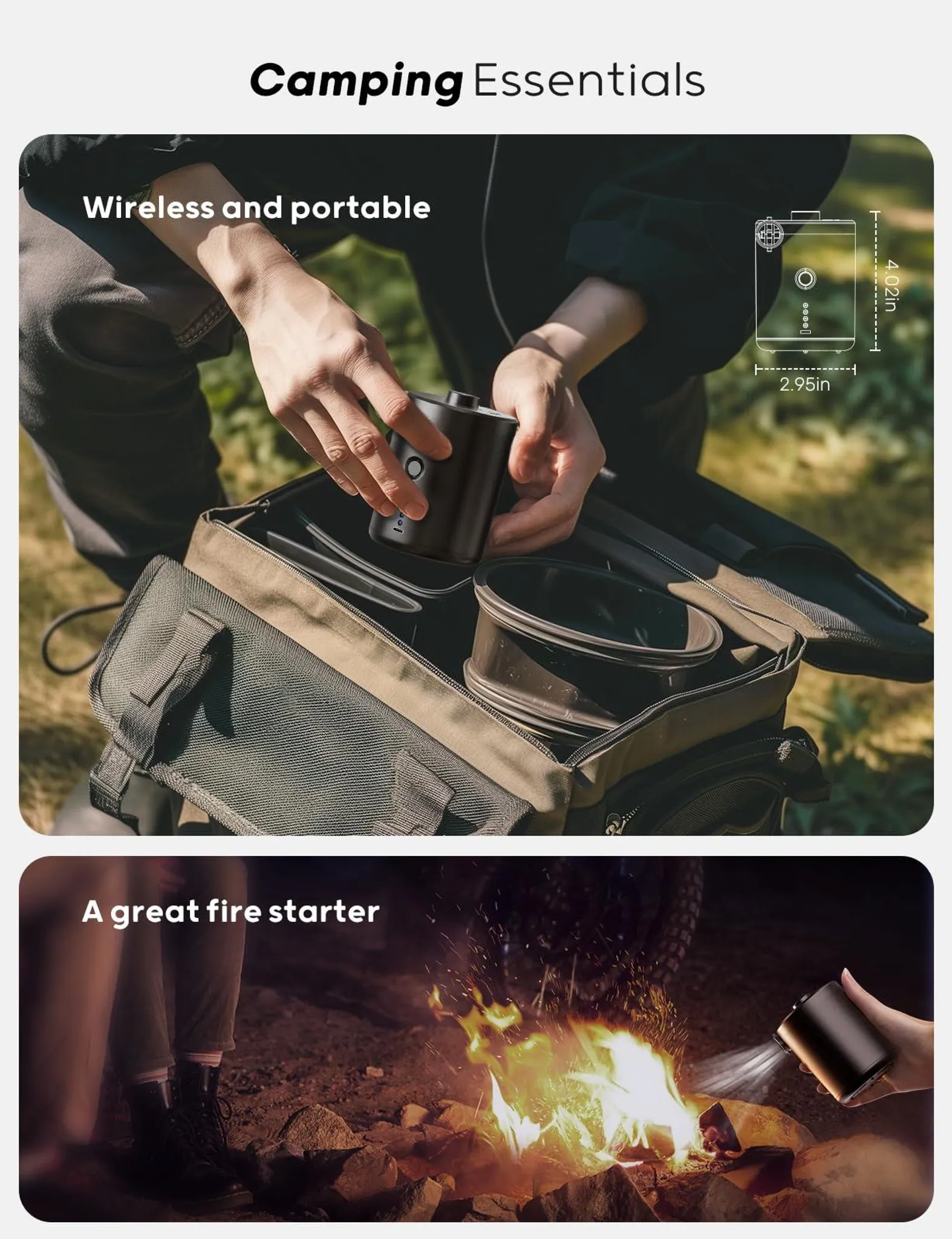Ein tragbarer Luftkompressor wird in eine Campingtasche gelegt und zum Anzünden eines Feuers verwendet.