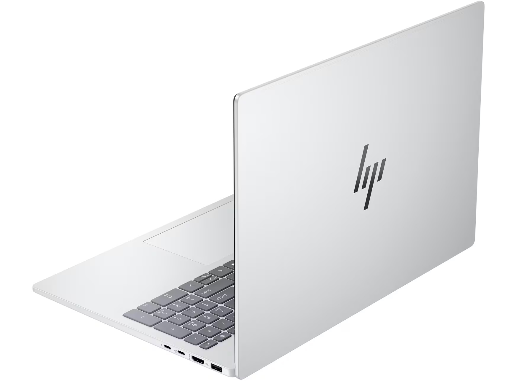 Ein silberner Laptop mit HP-Logo ist auf weißem Hintergrund zu sehen.
