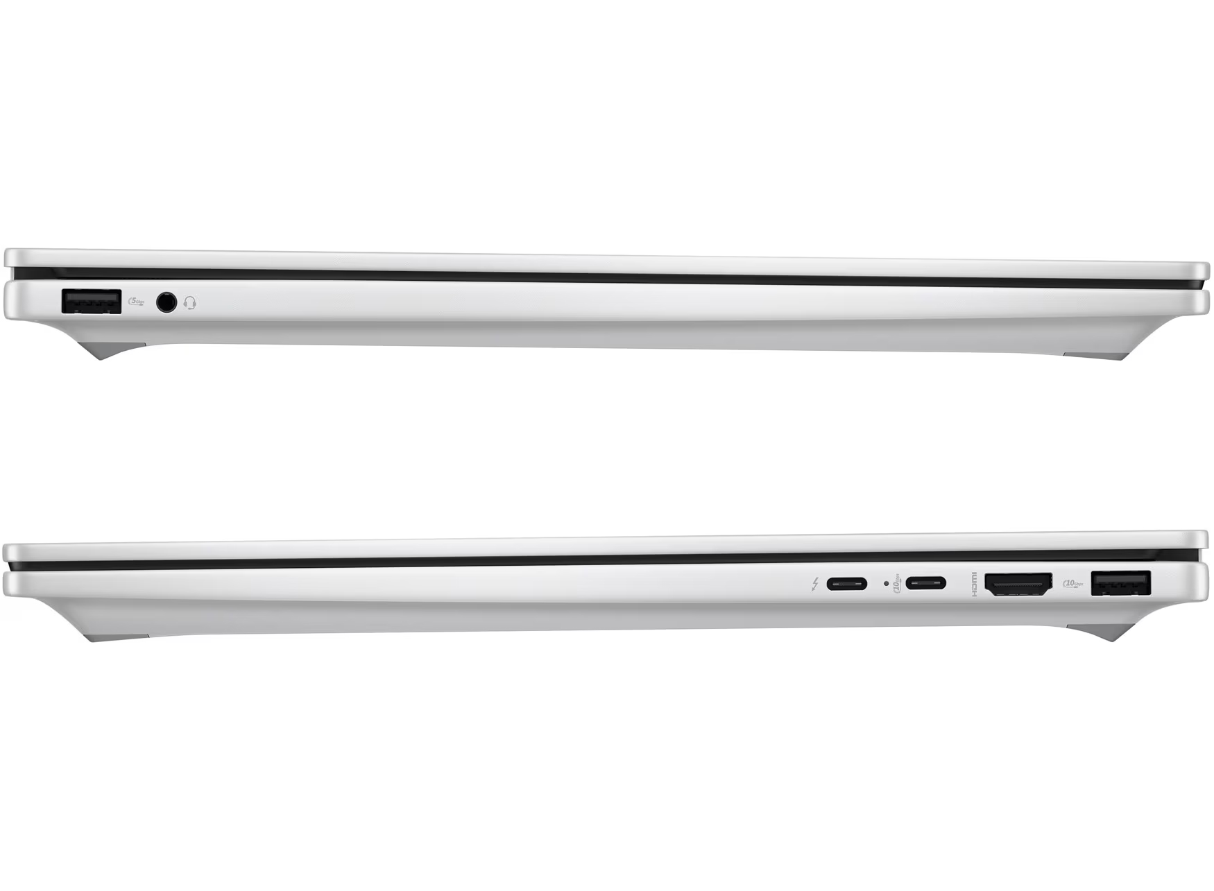 Silberner Laptop-Rand mit Anschlüssen: USB-A, Kopfhöreranschluss, Thunderbolt, HDMI.