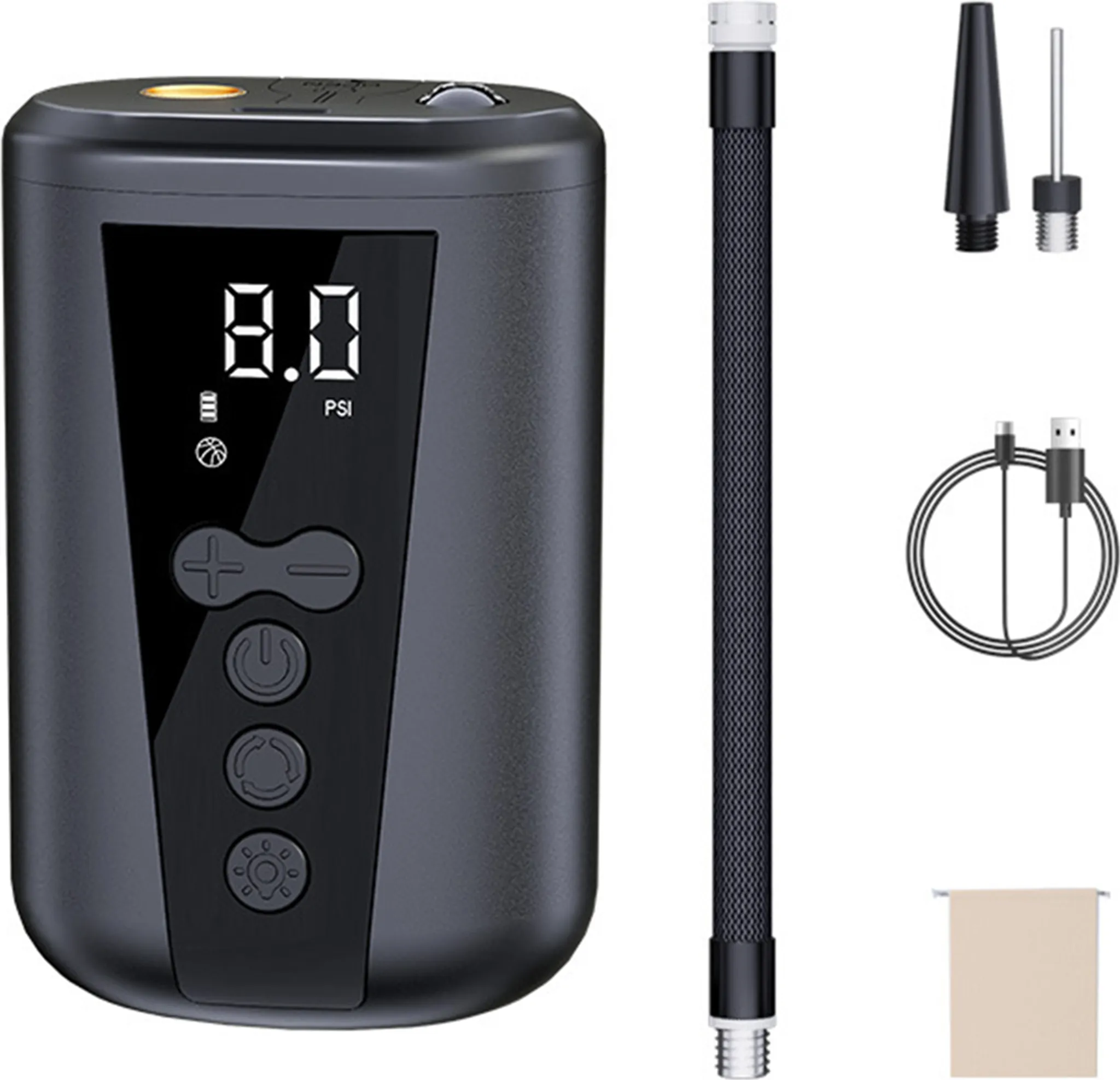 Digitaler Reifenfüller mit Schlauch, USB-Kabel, Düse und Tuch.