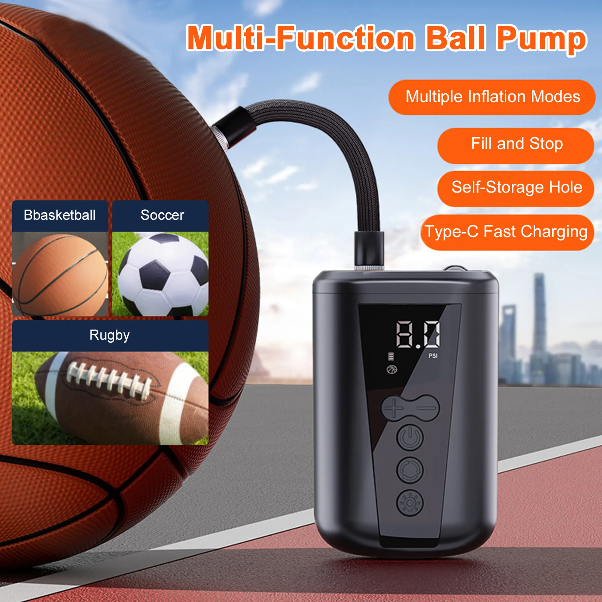 Ein Ballpumpen-Set mit Basketball, Fußball, Rugby und Ladeanschluss.