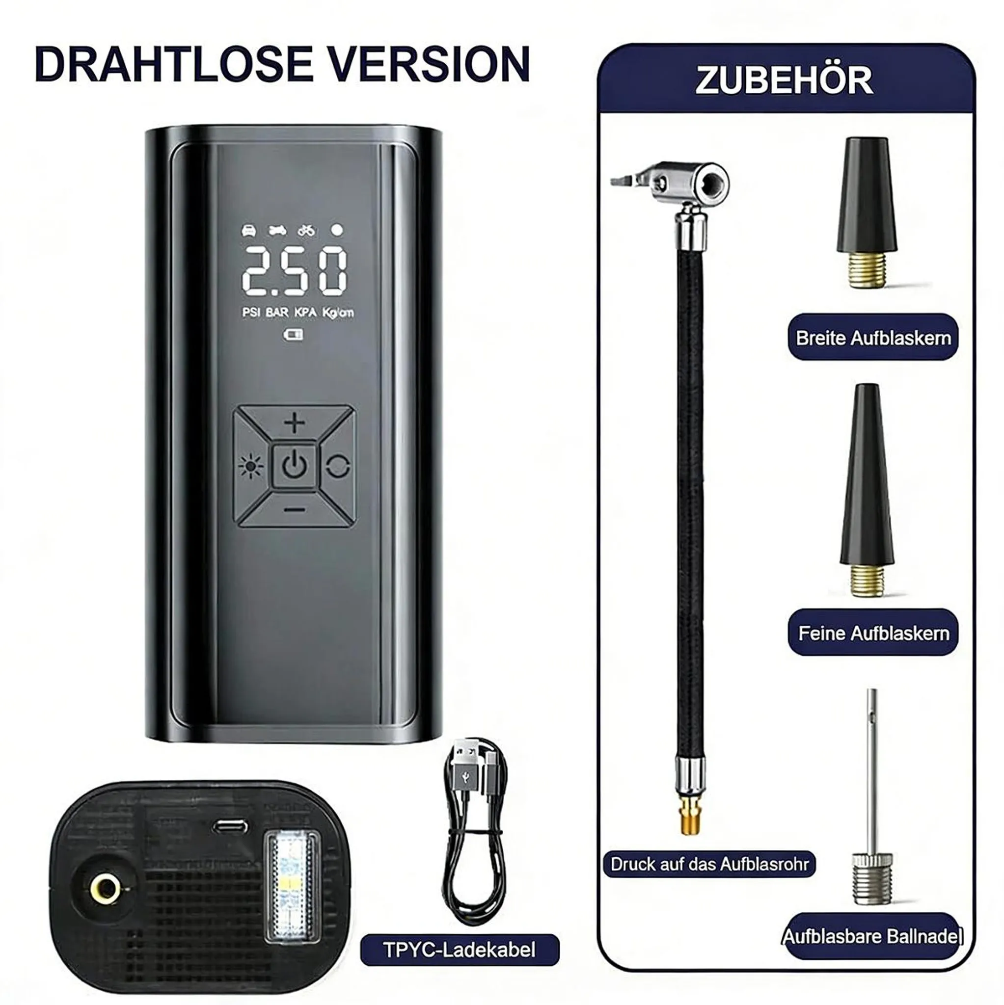 Drahtlose Version: Schwarzer Kompressor mit Display, Ladekabel, Schlauch, Ventilaufsätzen und Ballnadel.