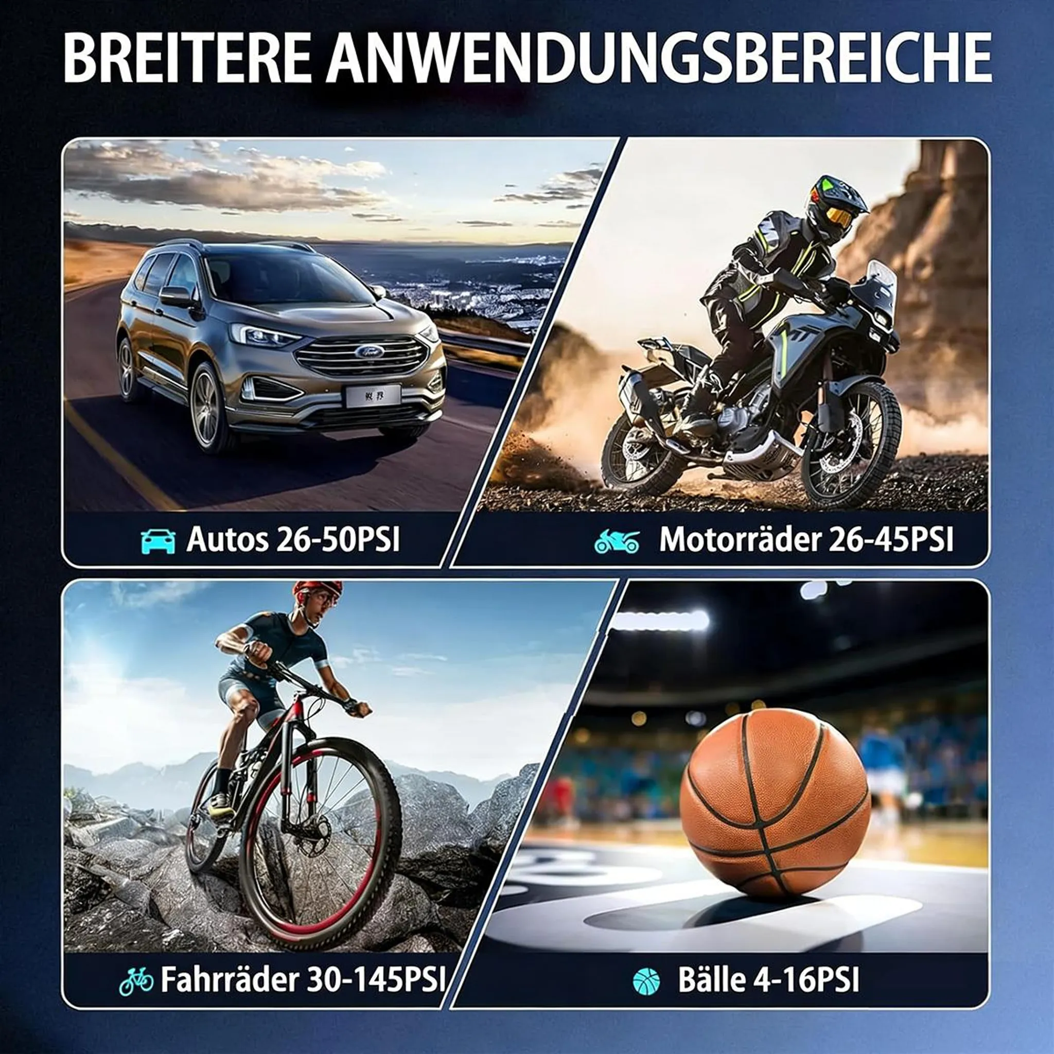 Vier Bilder zeigen: Auto, Motorrad, Fahrrad, Basketball. Angegebene Druckbereiche.