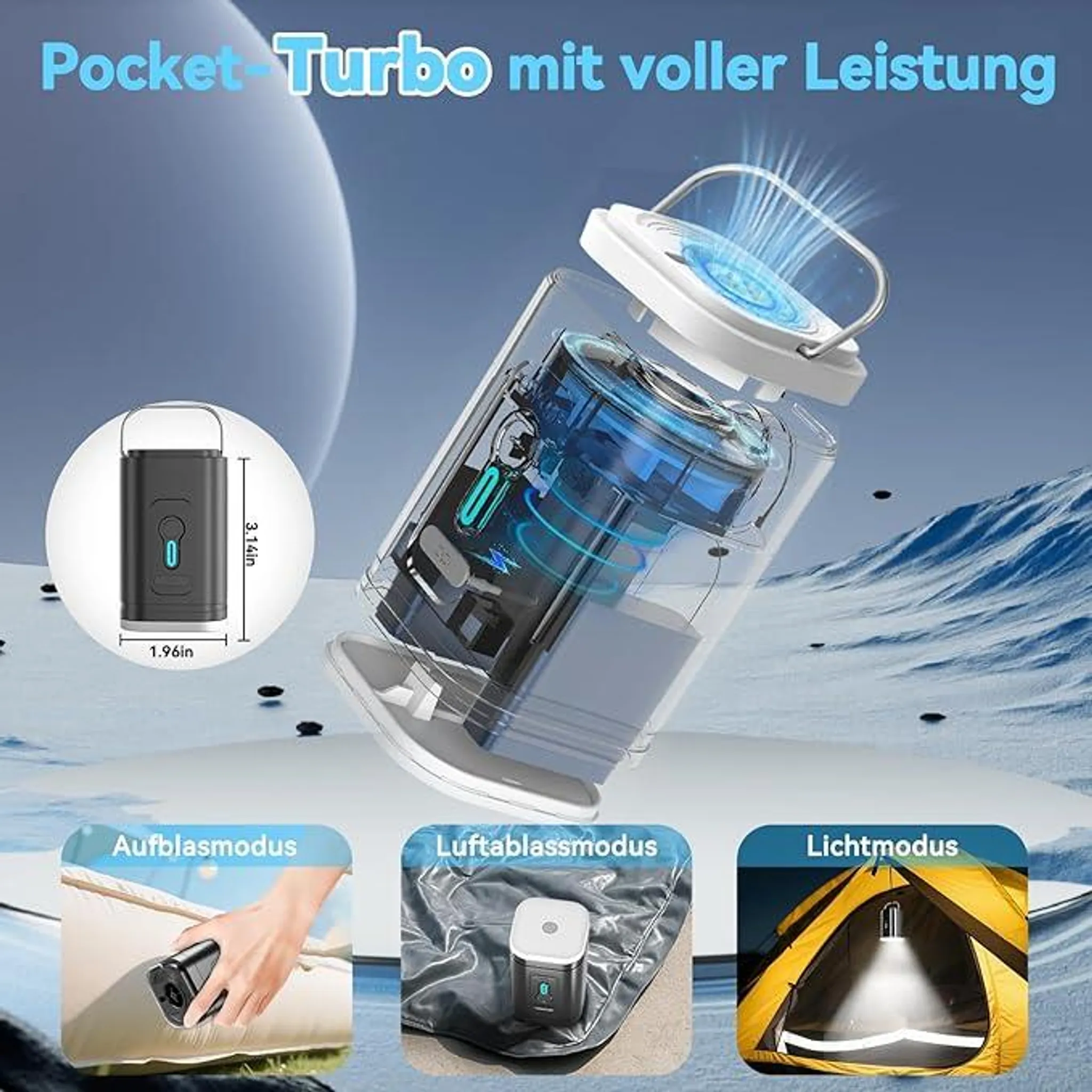 Tragbares Turbo-Gerät beim Aufblasen, Entleeren und Beleuchten eines Zelts.