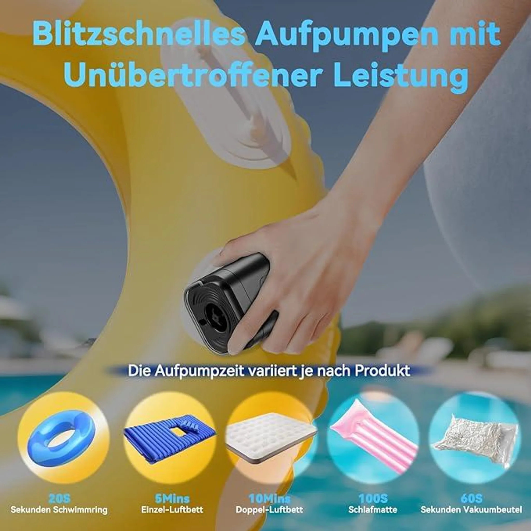 Hand pumpt aufblasbares Gelb auf. Unten sind vier Objekte mit Zeiten.