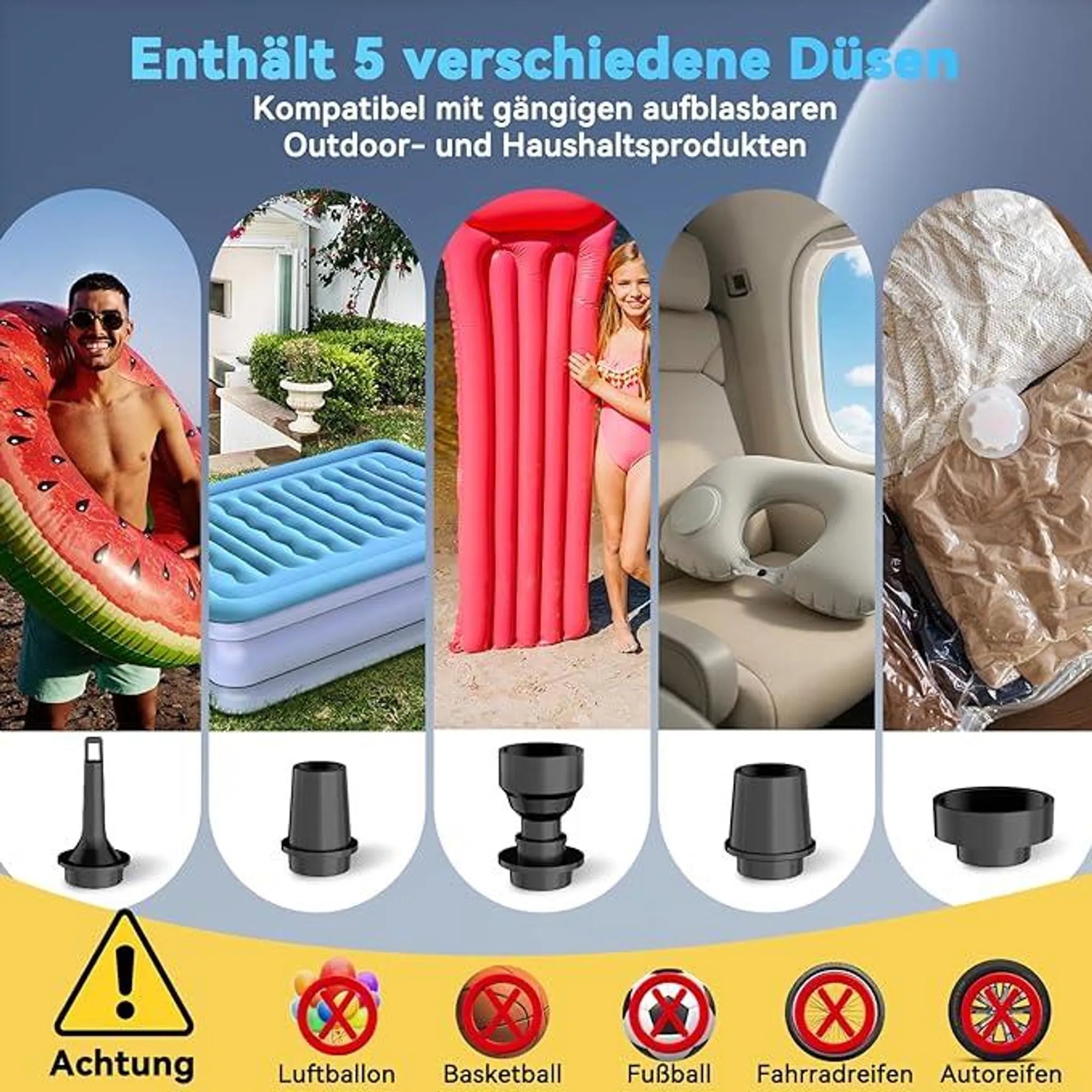 Collage zeigt aufblasbare Produkte und Düsen. Enthält 5 Düsen.