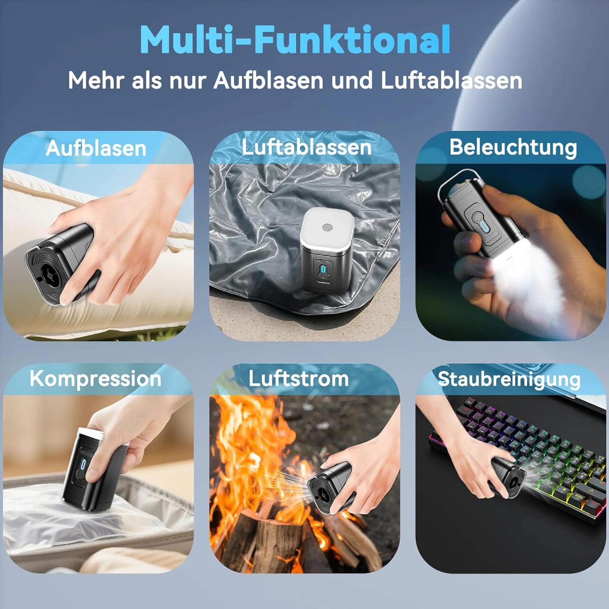Multifunktionale Pumpe: Aufblasen, Luft ablassen, Beleuchtung, Kompression, Luftstrom, Staubreinigung.