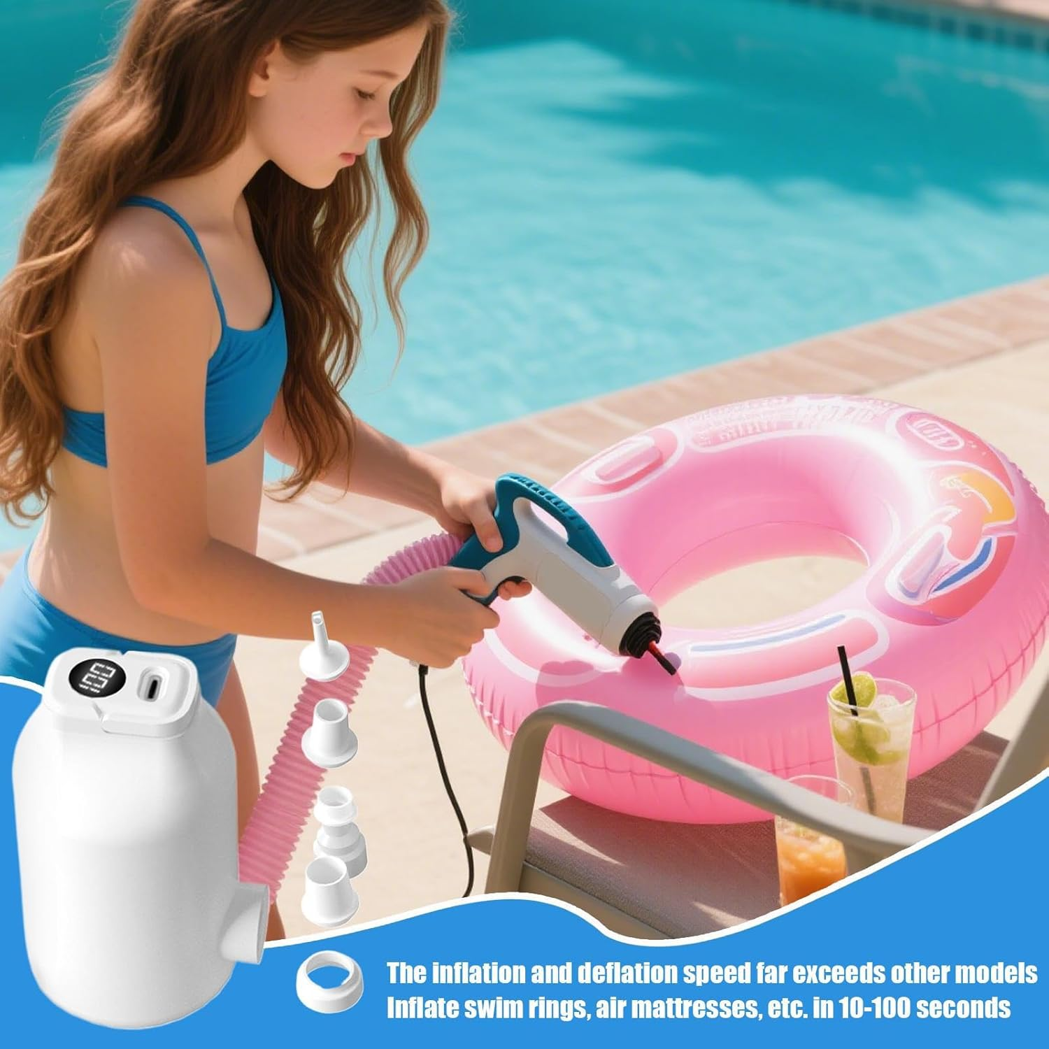 Ein Mädchen pumpt einen rosa Schwimmring mit einer weißen Pumpe am Pool auf.