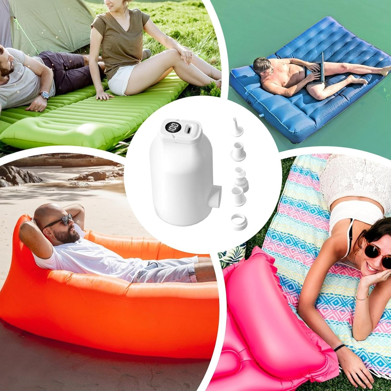 Collage zeigt aufblasbare Produkte: Luftmatratzen, Strandliegen, Akku-Pumpe.