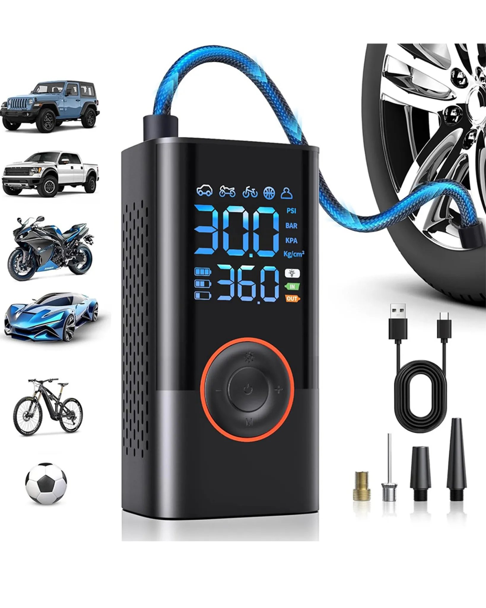 Ein tragbarer Luftkompressor mit blauem Schlauch, der an ein Rad angeschlossen ist. Daneben sind Autos, Motorrad, Fahrrad und Ball.
