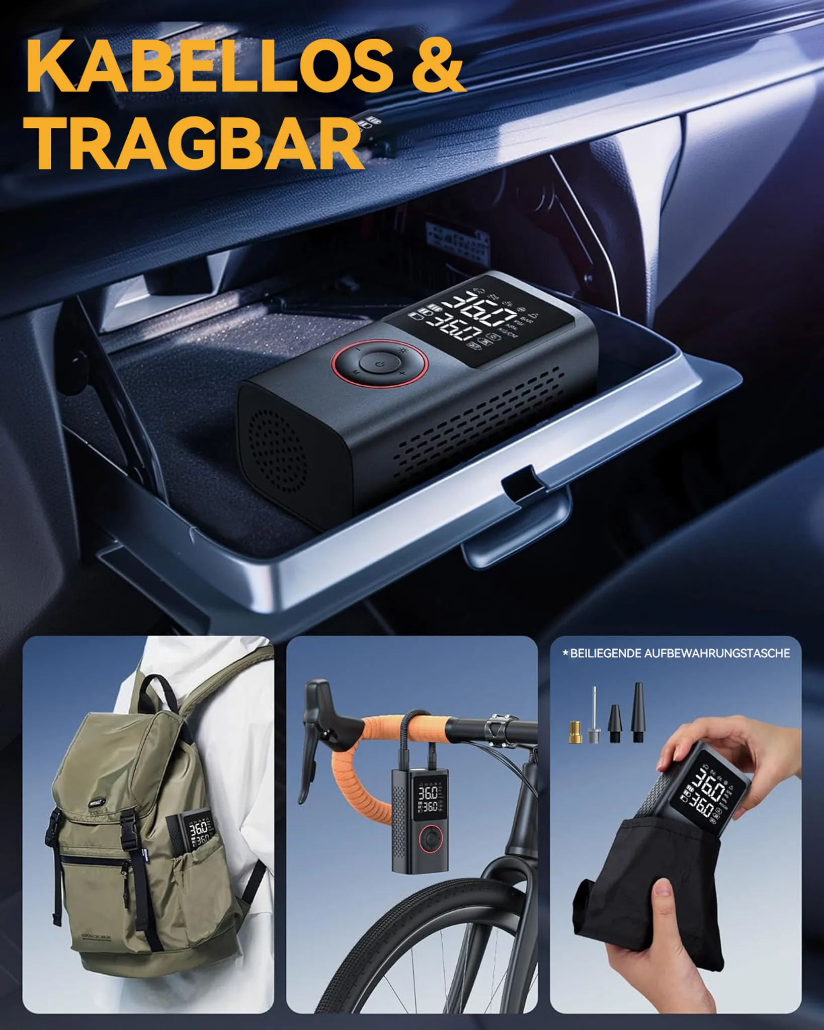 Ein tragbarer Kompressor in einem Auto, Rucksack und Fahrrad.