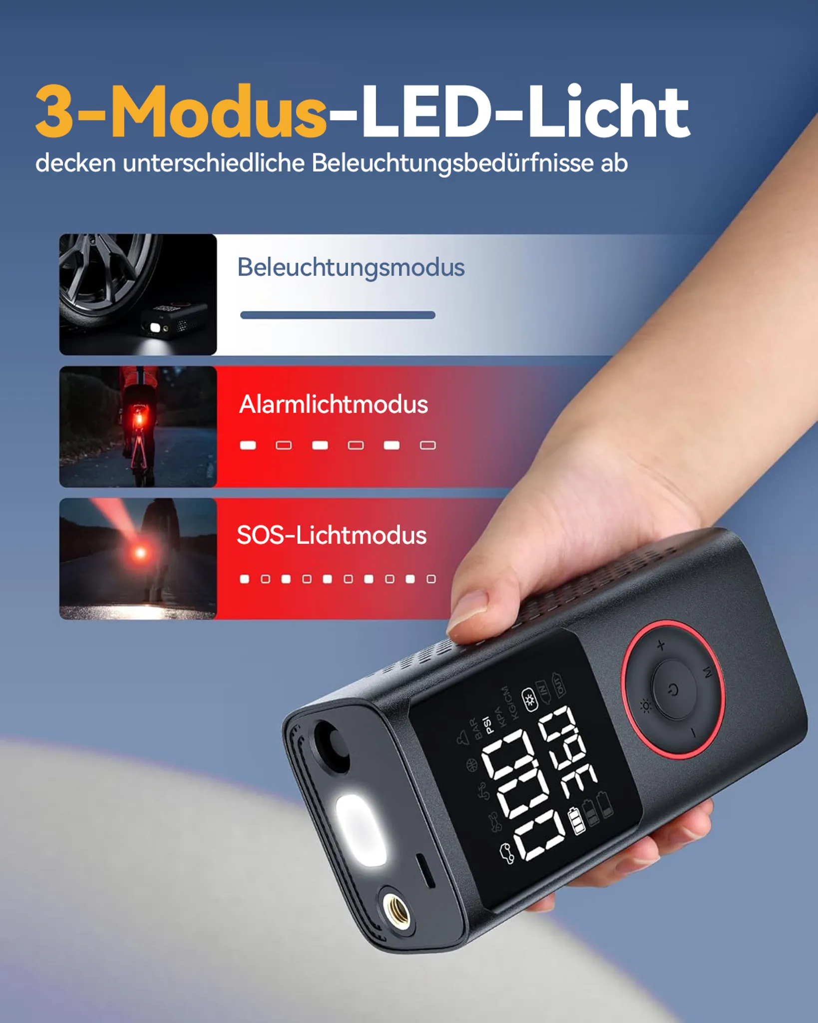 Schwarzer tragbarer Luftkompressor mit LED-Licht und Digitalanzeige für Reifen.