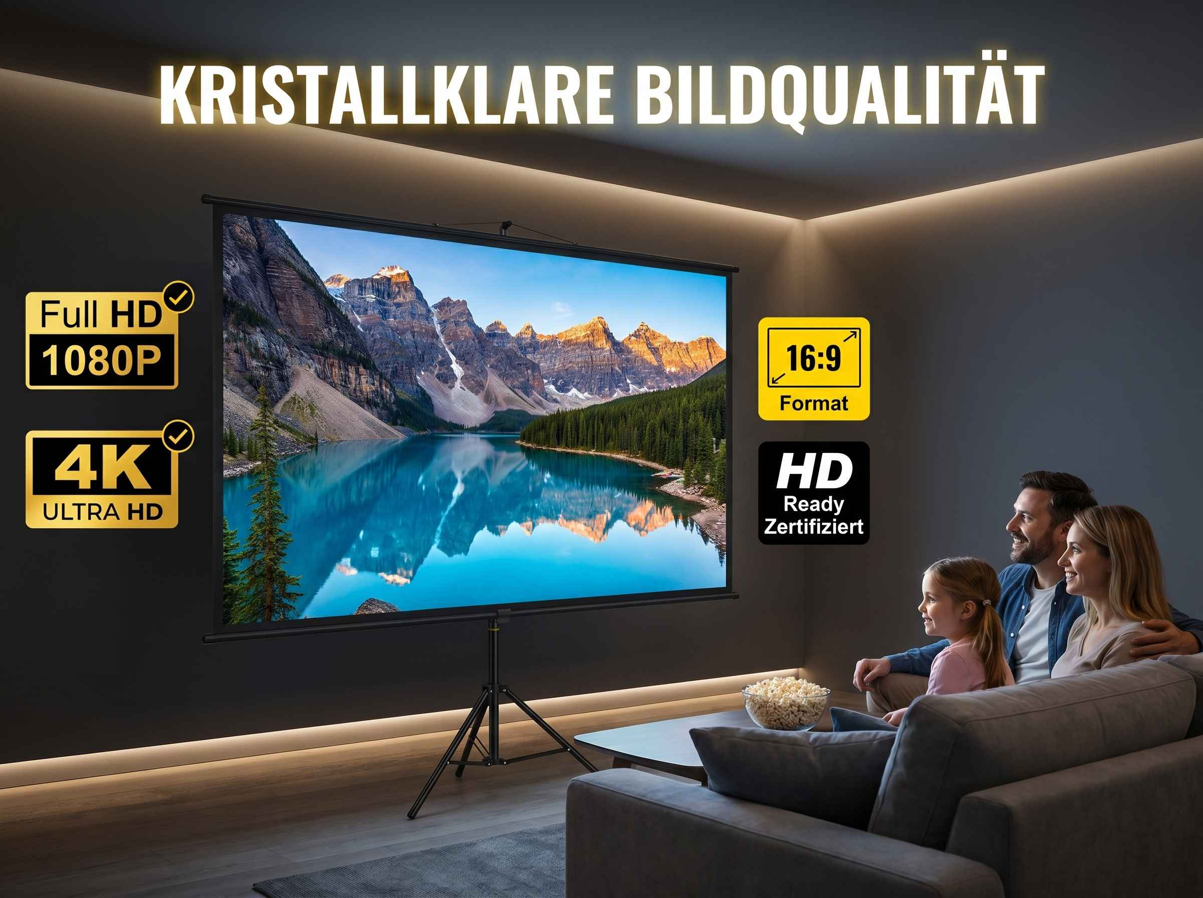 Familie schaut Film auf 4K Leinwand mit Bergsee-Bild. Kristalklare Bildqualität.