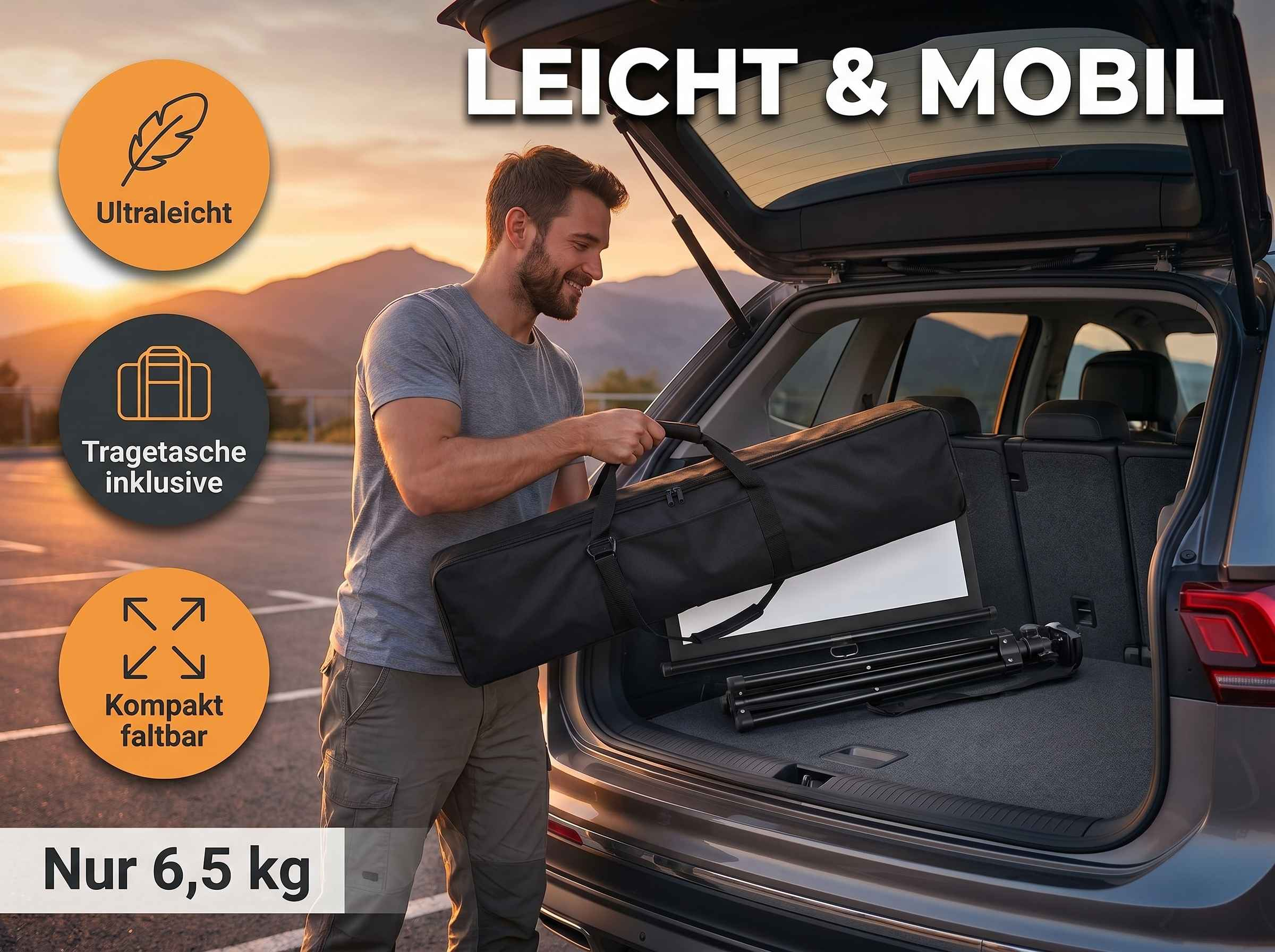 Mann lädt schwarze Tasche mit Stativ in ein Auto. Leichte & mobile.