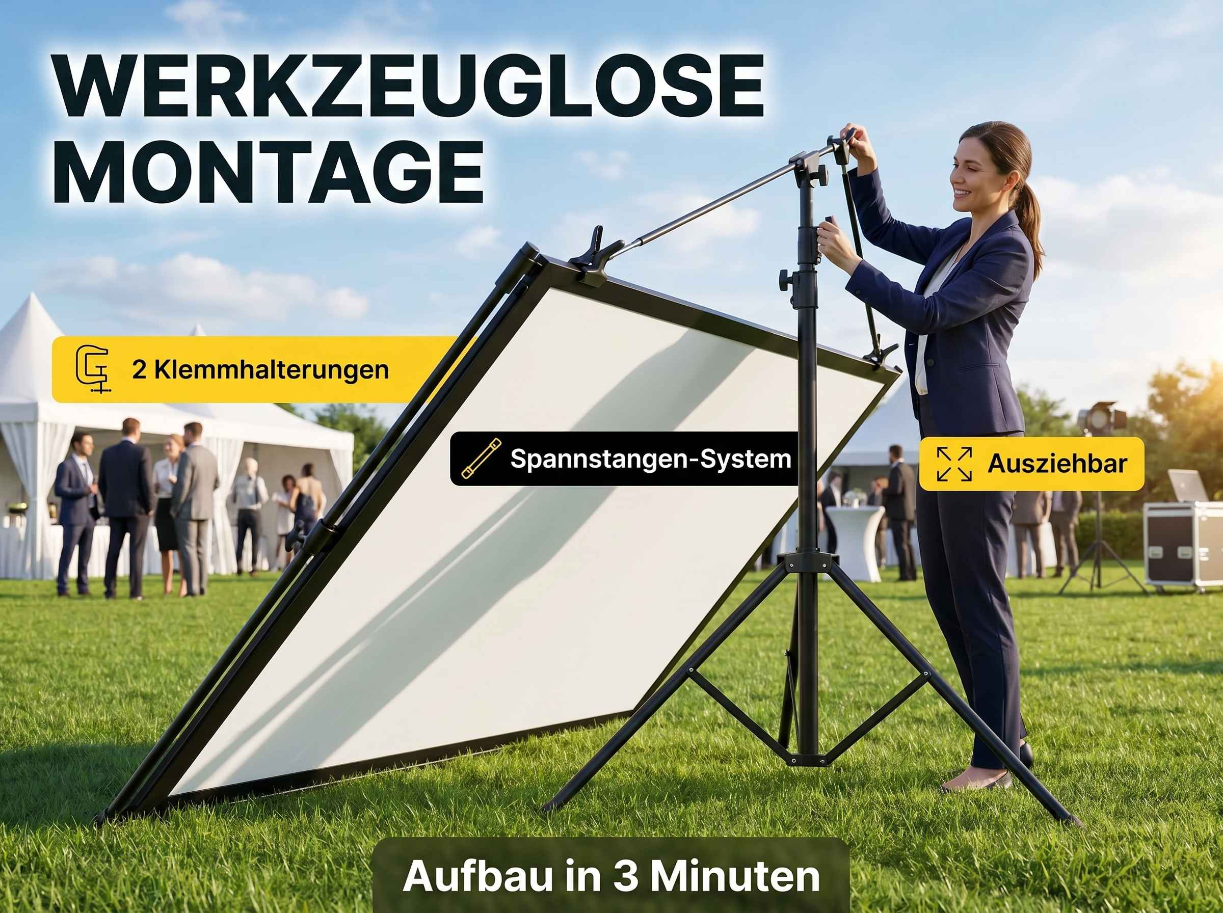 Frau baut eine Leinwand auf einem Stativ auf, draußen bei einer Veranstaltung.