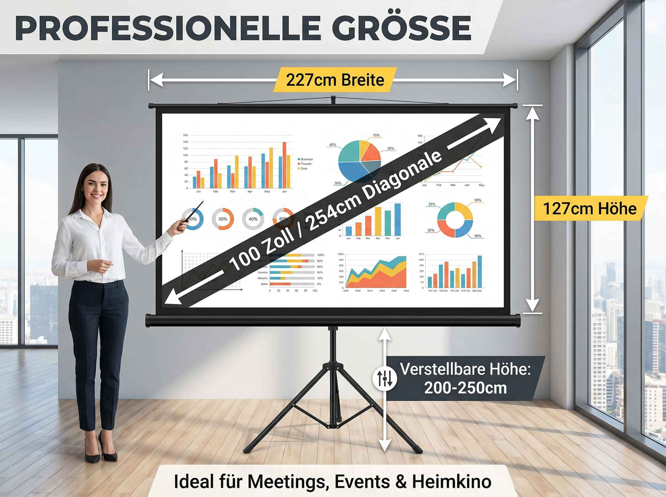 Eine Frau steht vor einer Leinwand mit Diagrammen. Die Leinwand hat Maße von 227cm Breite und 127cm Höhe.