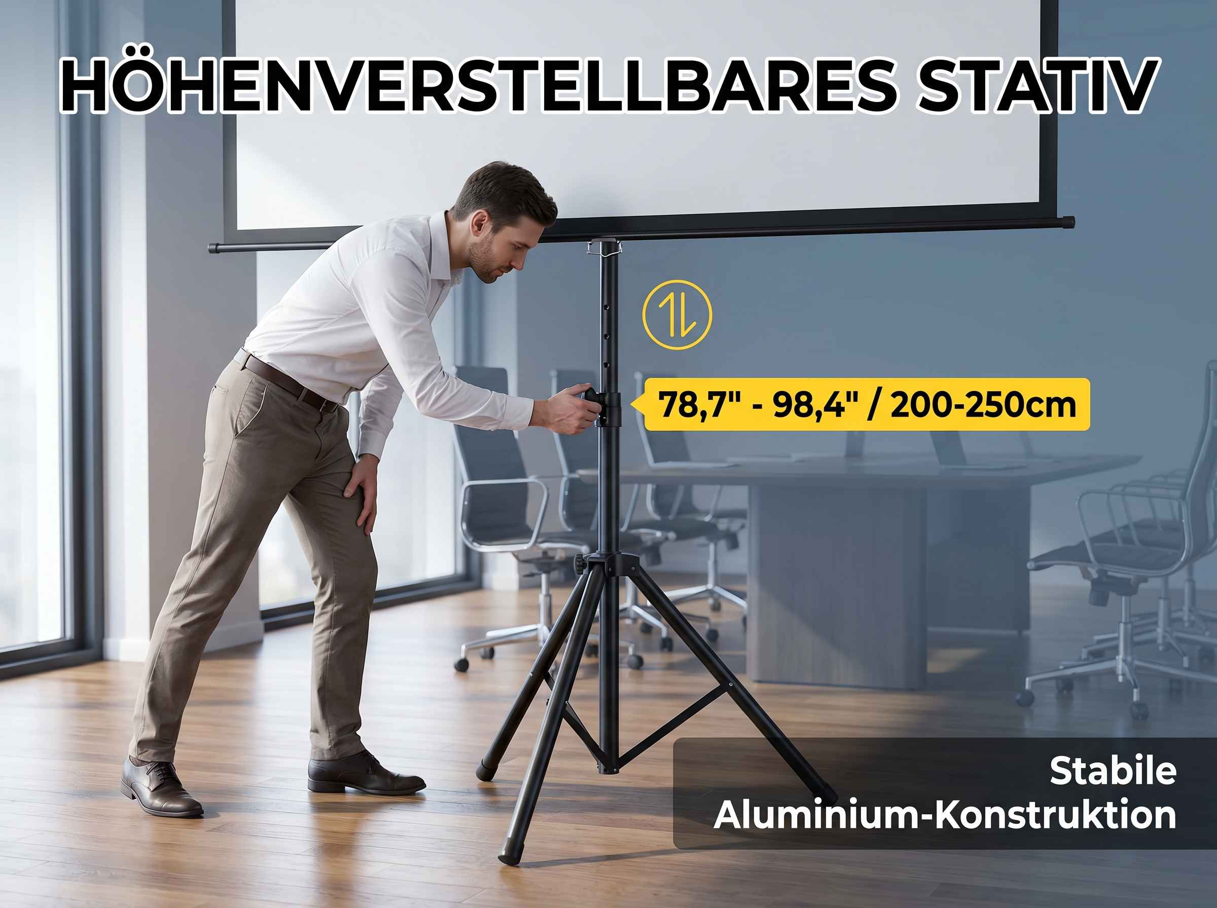 Mann stellt höhenverstellbares Stativ mit Leinwand ein. Stabile Aluminium-Konstruktion.