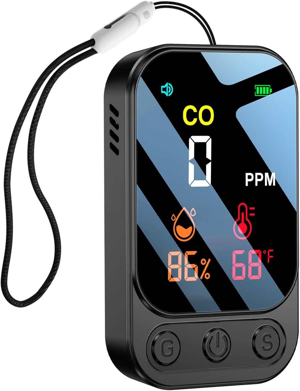 Ein tragbares Messgerät zeigt CO 0 PPM, 86% Luftfeuchtigkeit und 68°F an.