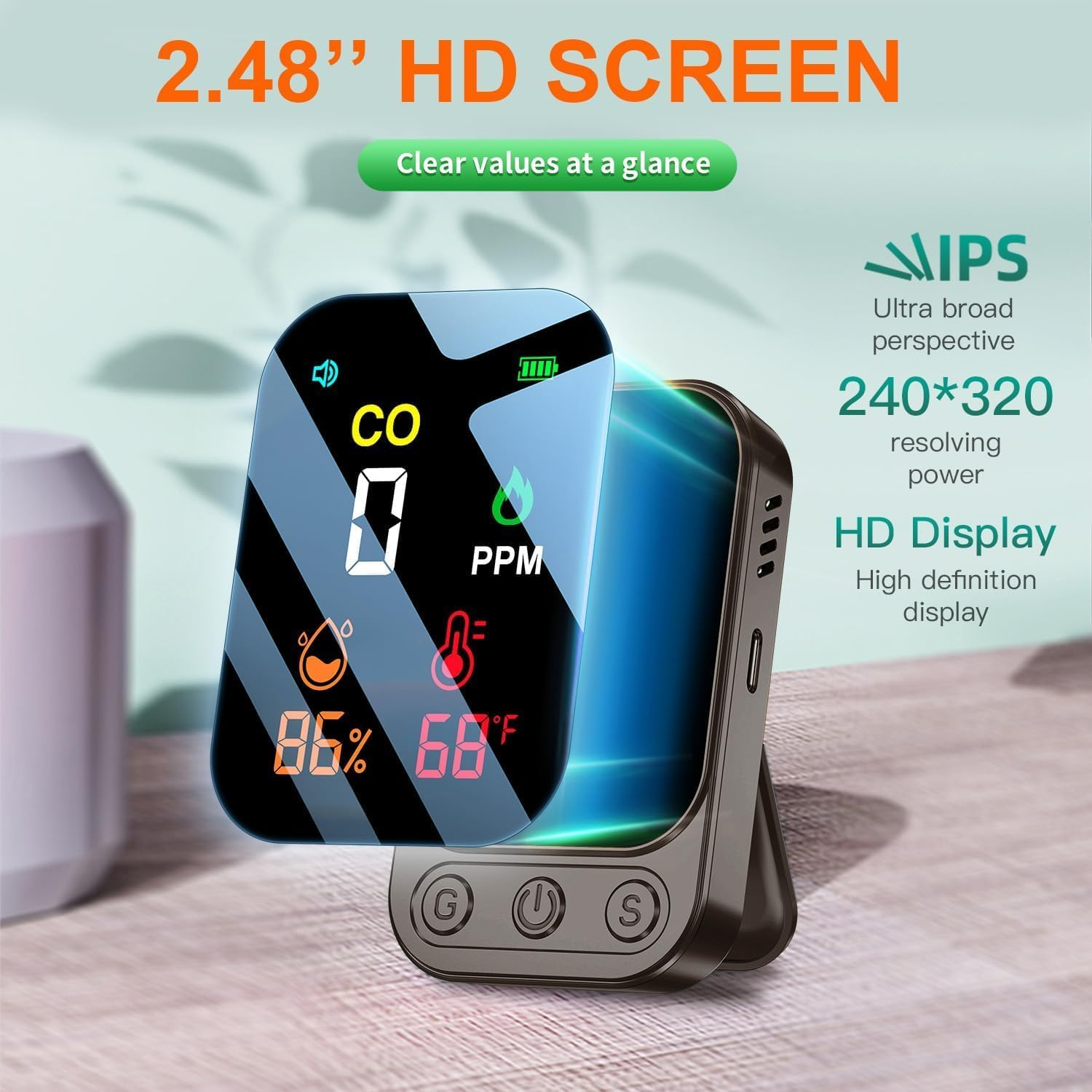 Digitaler CO-Detektor mit HD-Bildschirm, zeigt CO, Feuchtigkeit und Temperatur an.