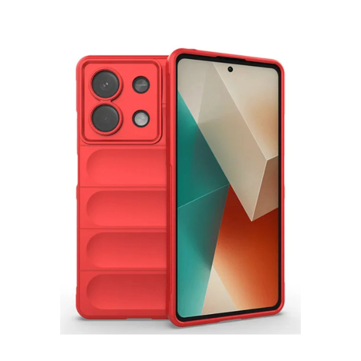 Arkada dört kamerası ve ekranı olan kırmızı telefon kılıfı.