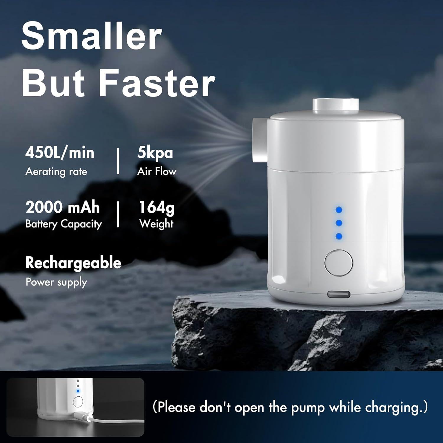 Ein weißer, wiederaufladbarer Lufterzeuger mit 450L/min und 5kpa Luftstrom.