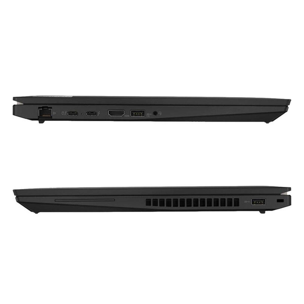 Widok z boku czarnego laptopa z portami: Ethernet, USB-C, HDMI, USB-A.