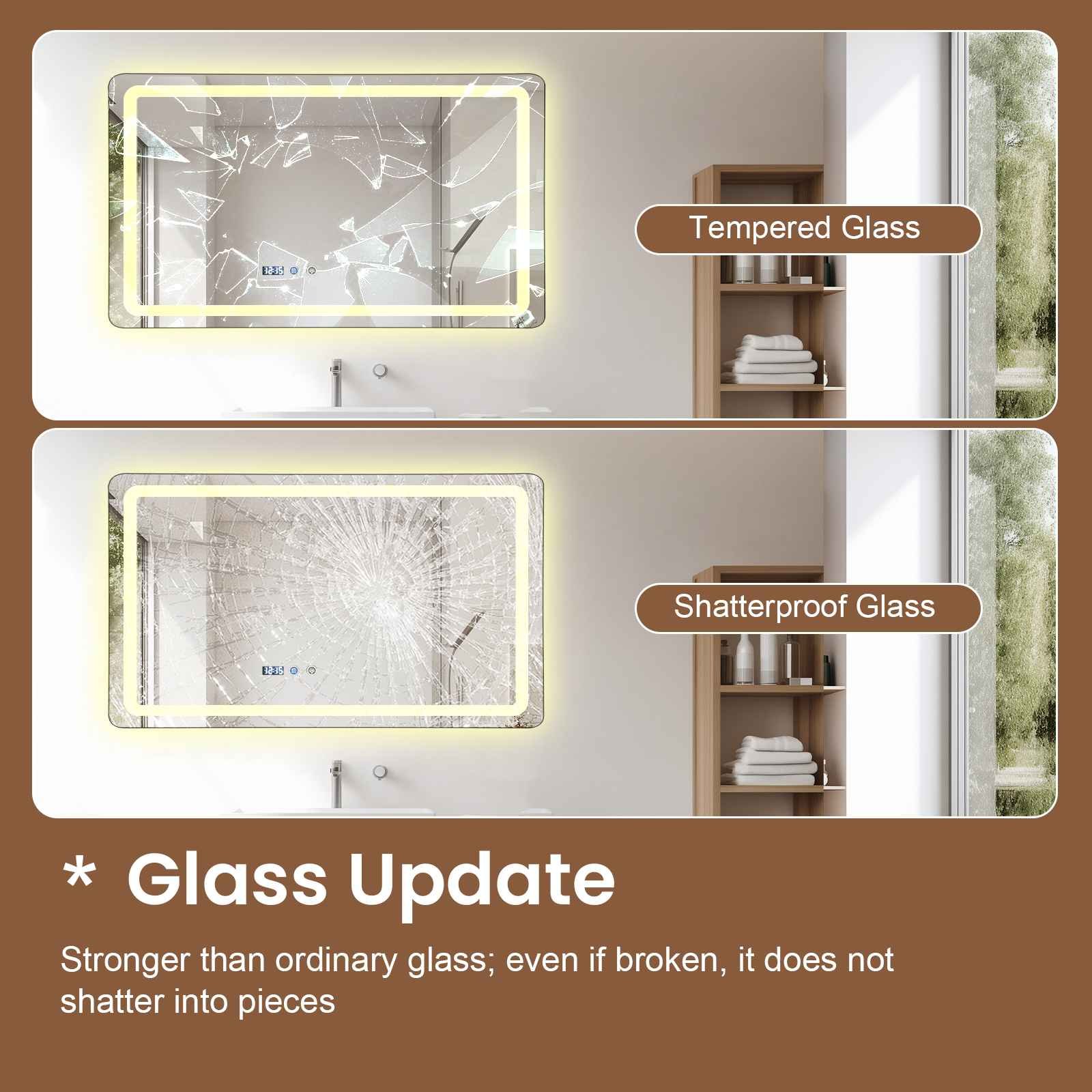 Vergleich von gesprungenem Einscheibenglas und bruchsicherem Glas. Beides zeigt einen digitalen Zeit.