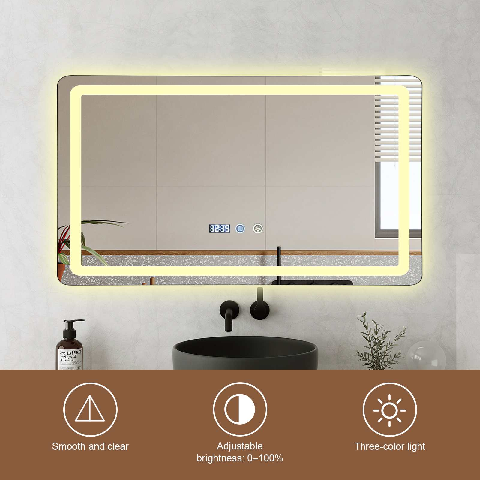Ein moderner Badezimmerspiegel mit integrierter LED-Beleuchtung, Digitaluhr und Touch-Steuerung.