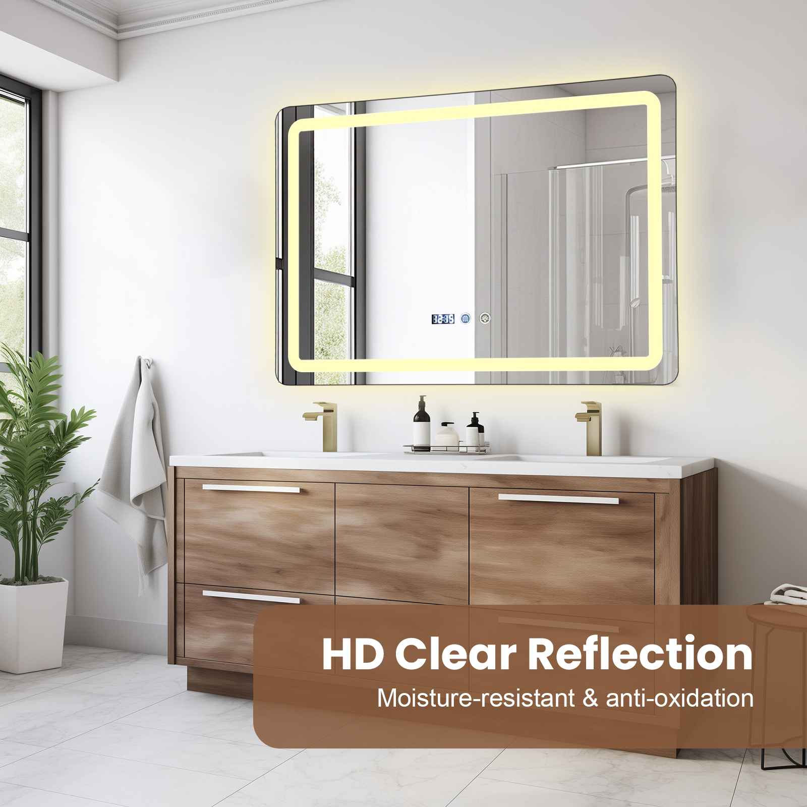 Modernes Badezimmer mit Holzboden, Doppelwaschbecken und beleuchtetem Spiegel.