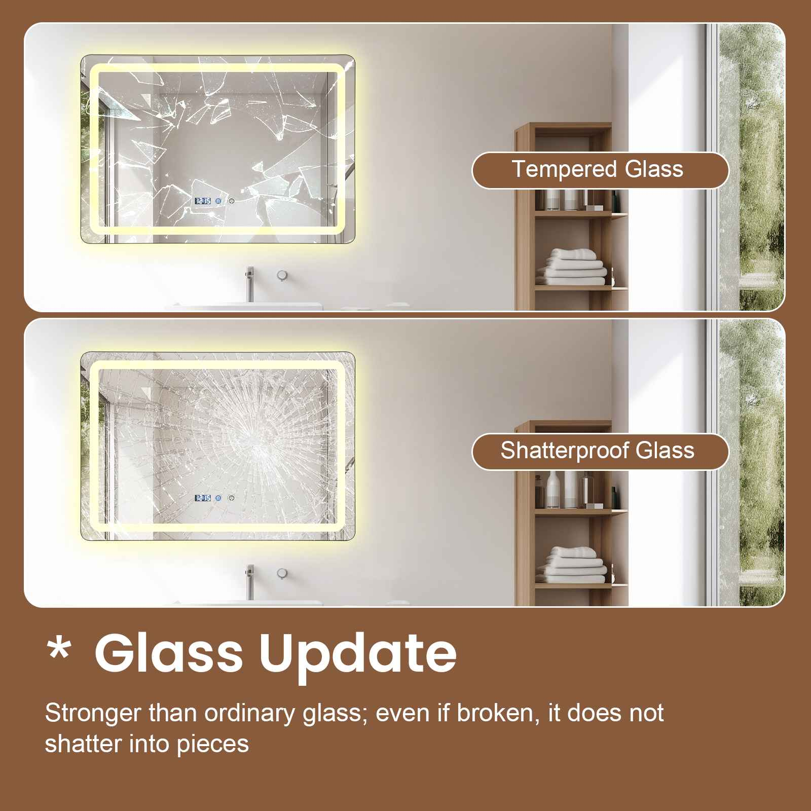 Oben: Spiegelfront mit zerbrochenem Glas. Unten: Spiegelfront mit splitterfreiem Glas.