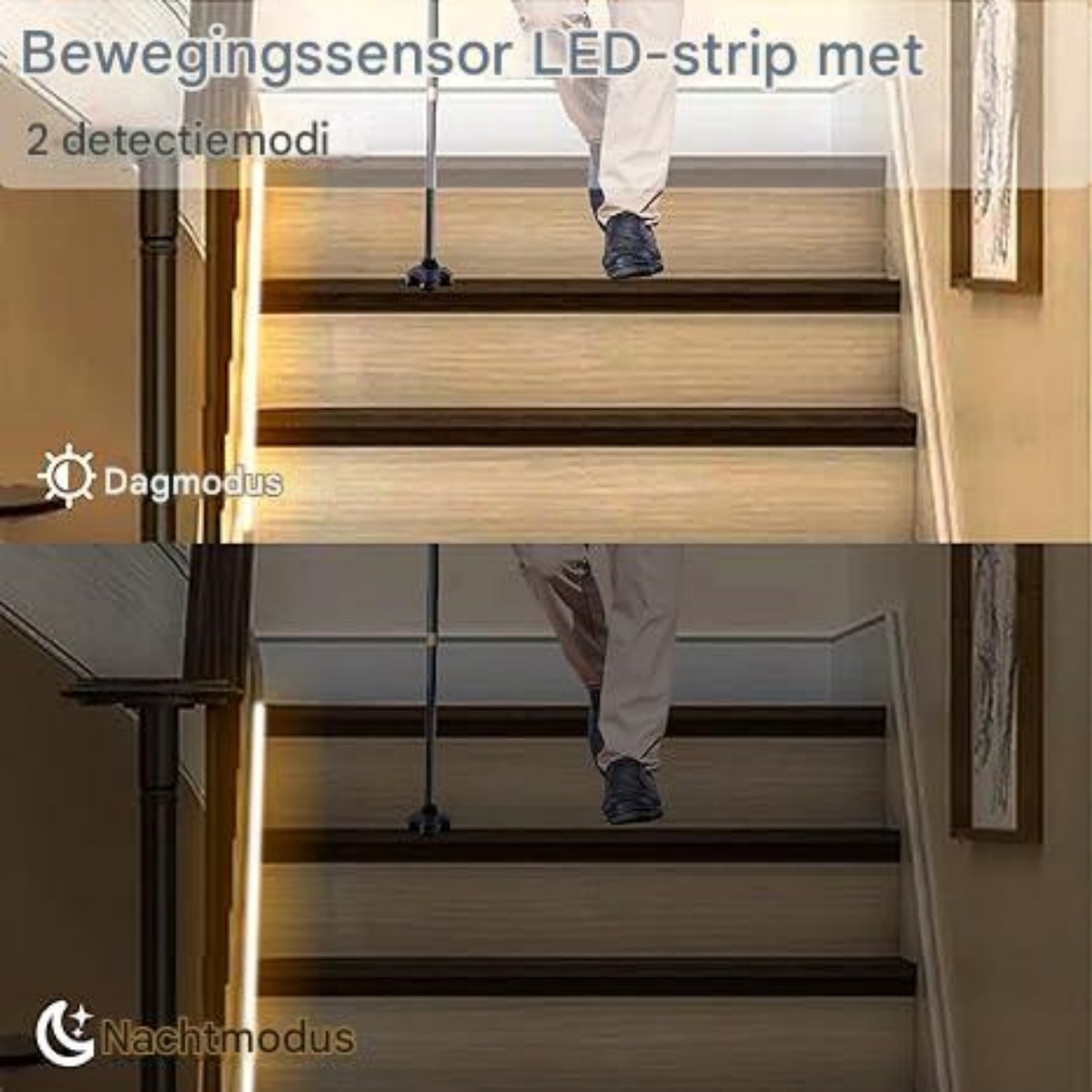 Person geht Treppe hoch, LED-Streifen leuchten.