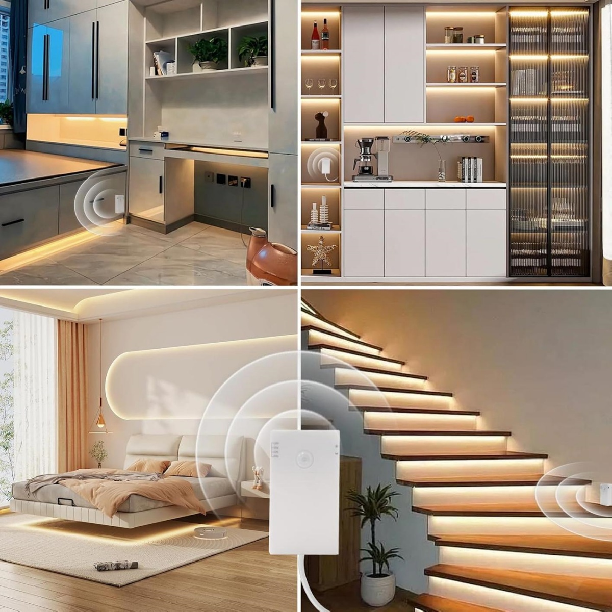 Moderne Innenräume mit LED-Beleuchtung: Küche, Schlafzimmer, Treppe.