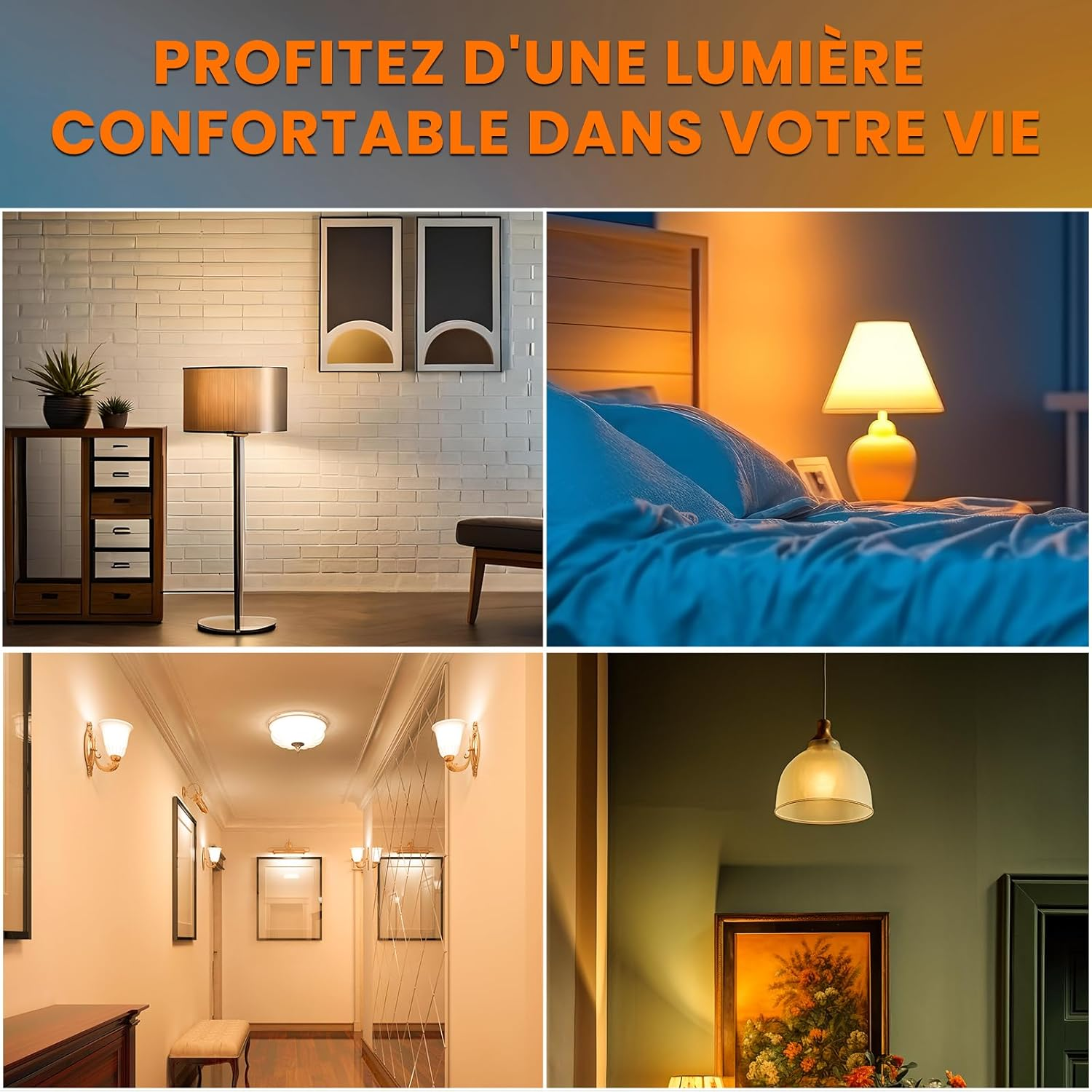 Collage aus vier Wohnszenen mit Beleuchtung: Wohnzimmer, Schlafzimmer, Flur und Essbereich.
