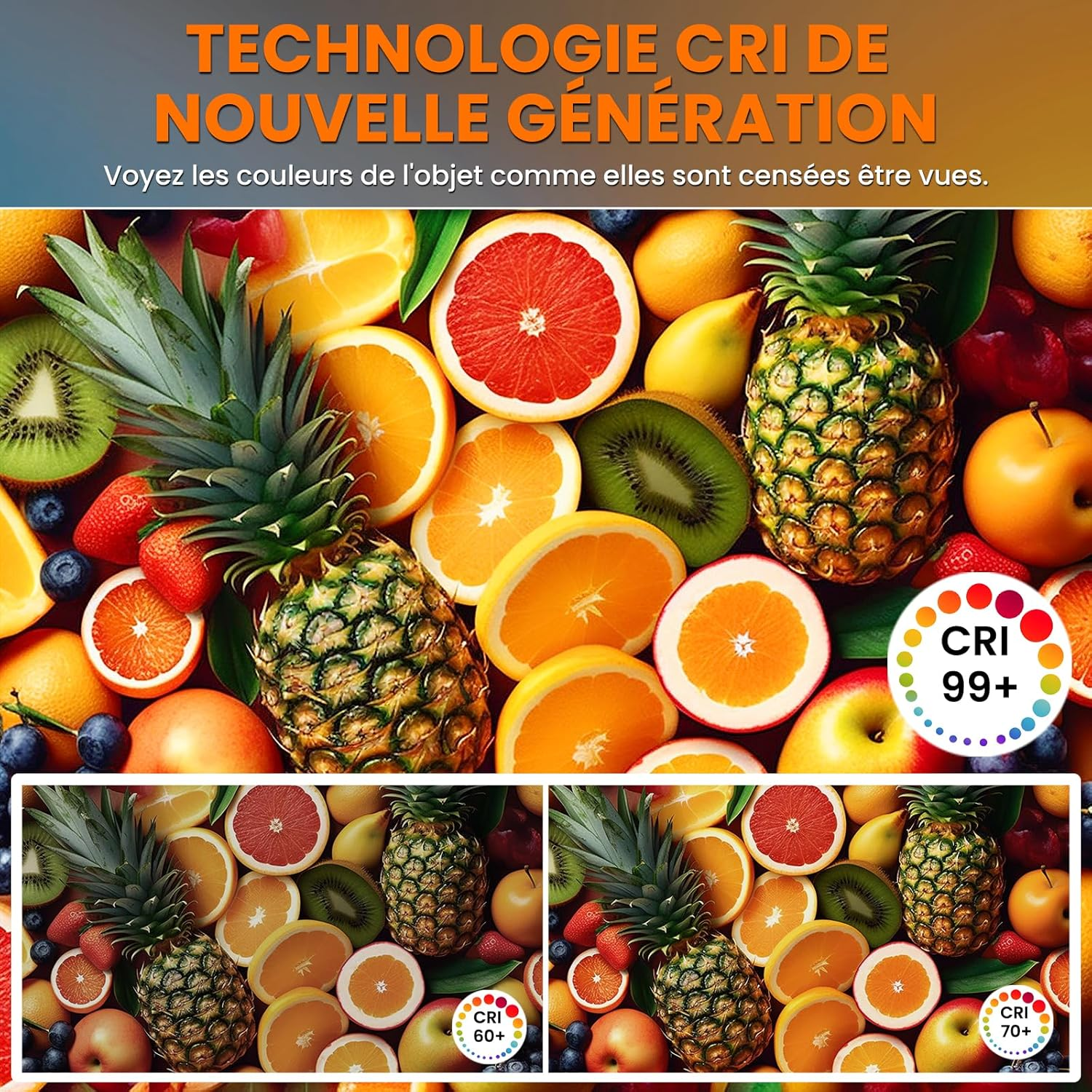 Früchte wie Ananas, Orangen, Kiwi, Beeren und Äpfel werden mit CRI-Bewertungen angezeigt.