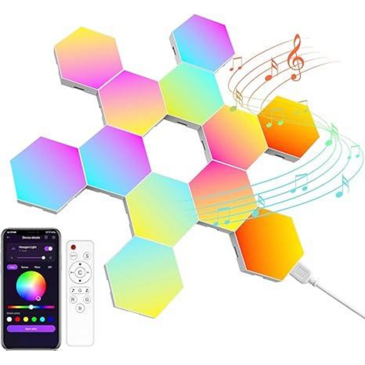 Hexagonale Lichter mit Farbverlauf, Fernbedienung und Smartphone-App, Musiknoten.
