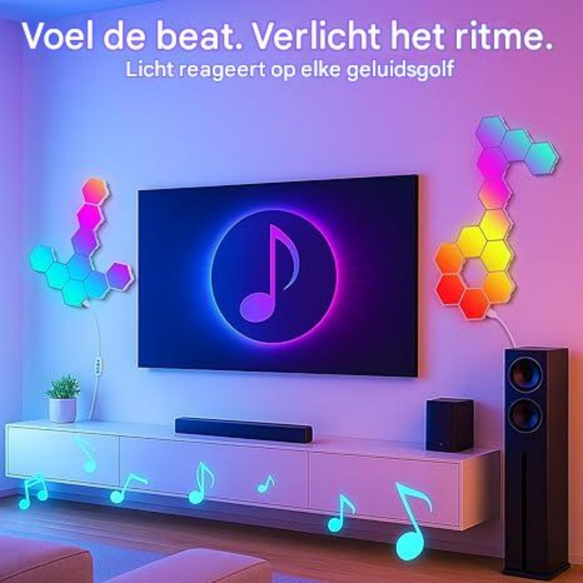Hexagonale Lichter, die Musiknoten und ein Musiksymbol auf einem Bildschirm darstellen.