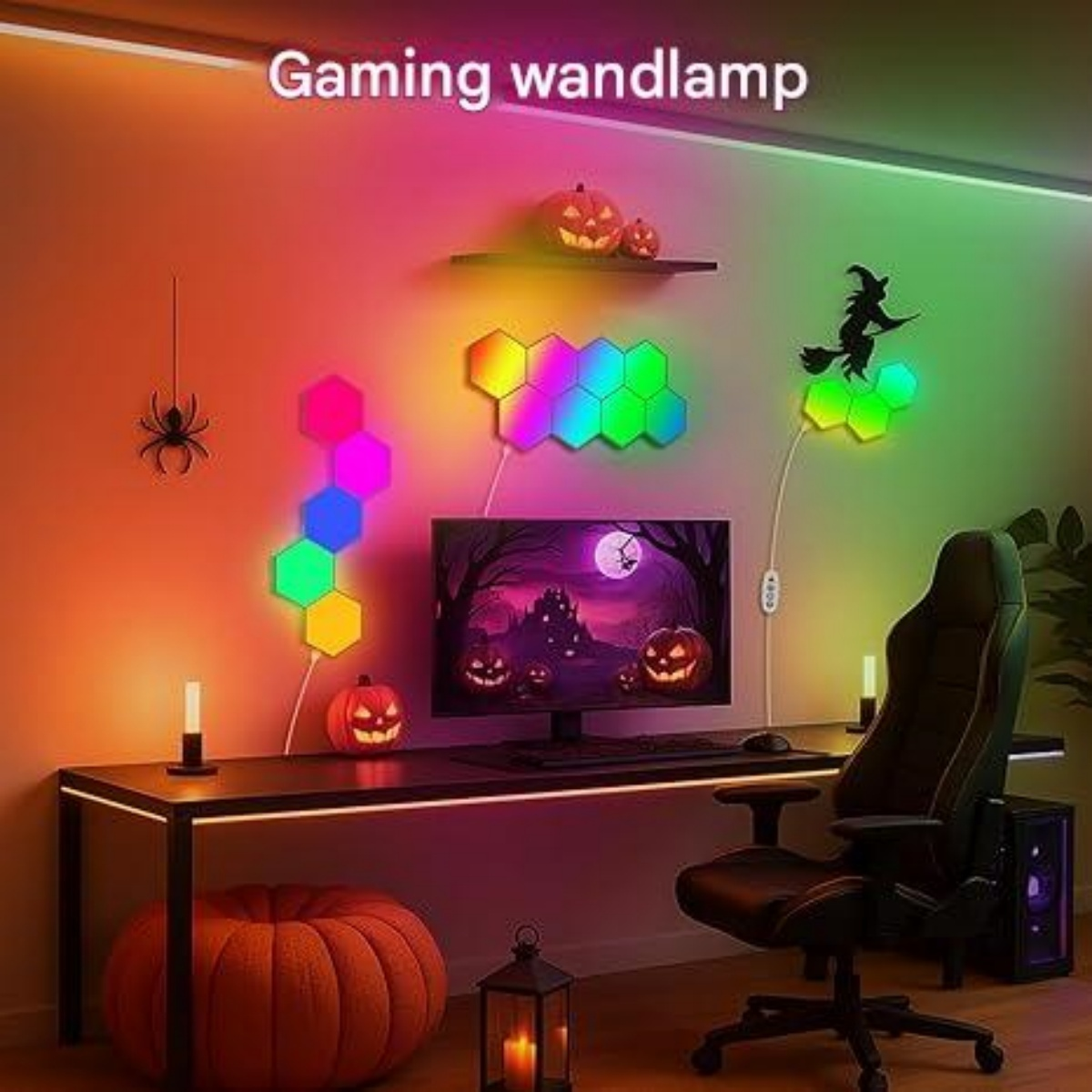 Gaming-Schreibtisch-Aufbau mit Halloween-Dekoration, sechseckigen Lichtern und Computer.