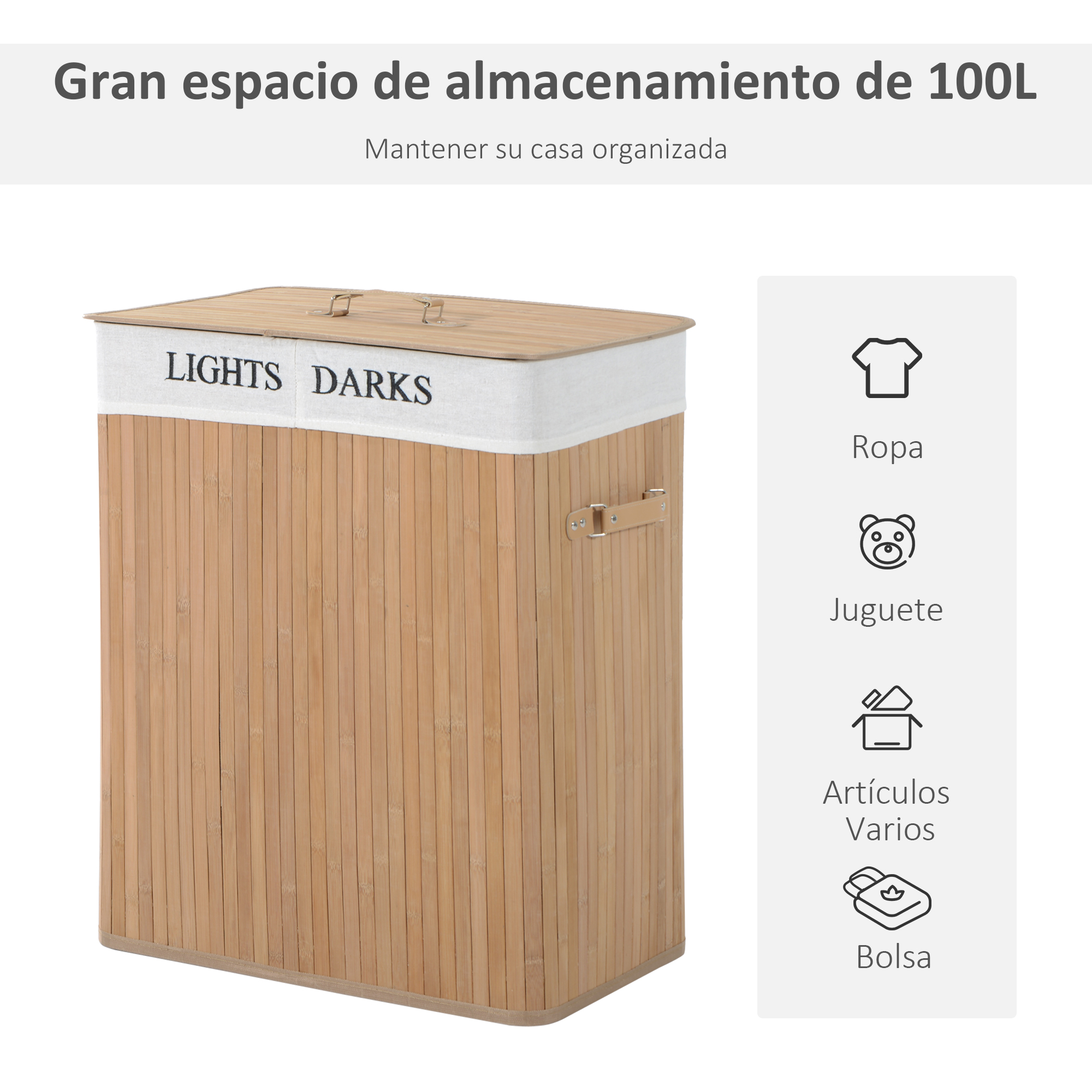 Cesto de ropa de bambú con tapa, dividido en "LIGHTS" y "DARKS".
