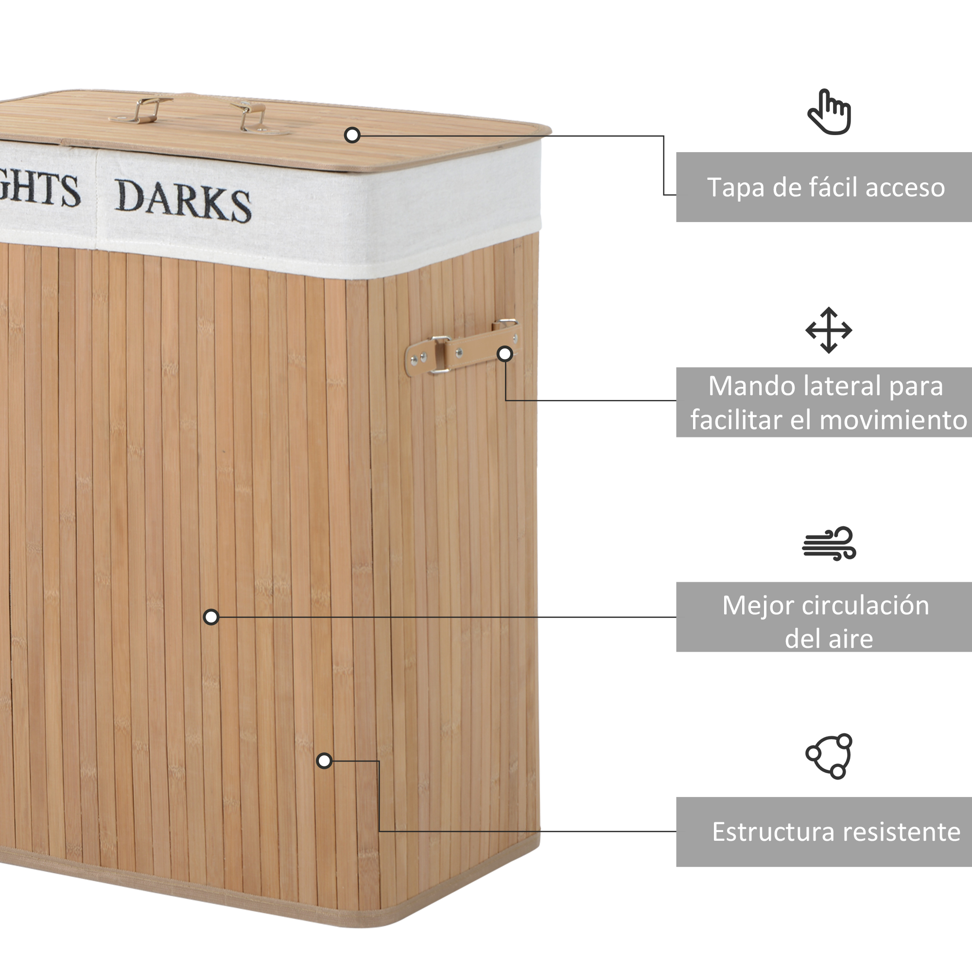Cesto de ropa de bambú con tapa, etiquetado 'LIGHTS DARKS'.