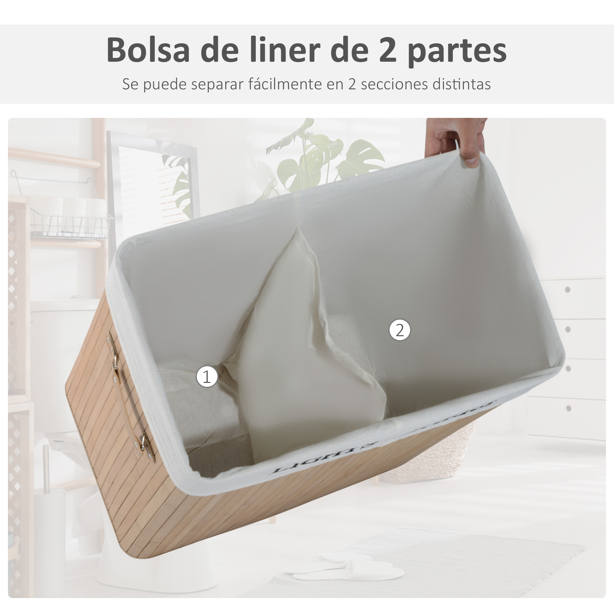 Un forro de cesta de lavandería de madera con inserto blanco, dividido en dos compartimentos.